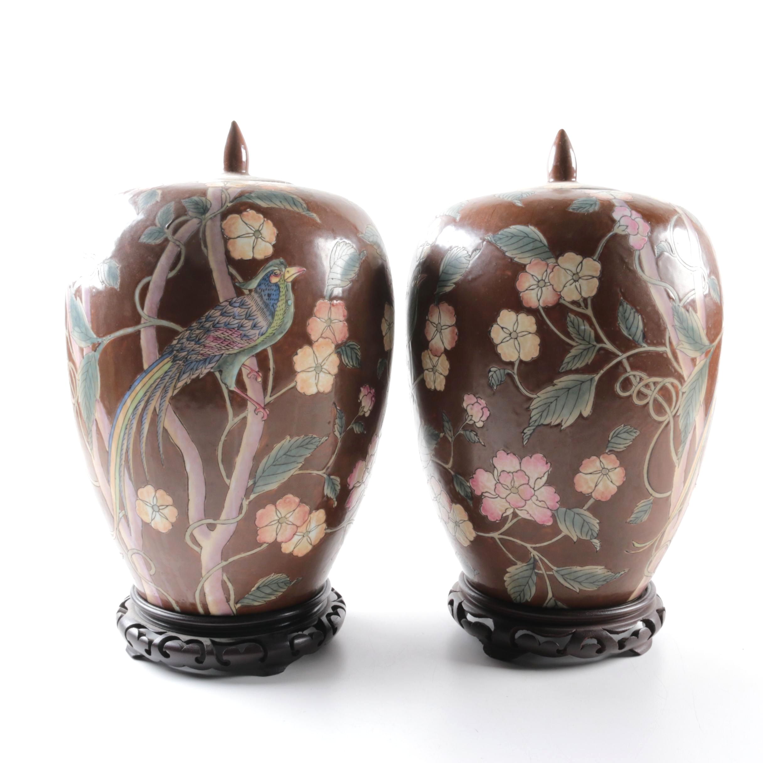ChineseBird and Floral Motif Porcelain Ginger Jars with Wooden Stands