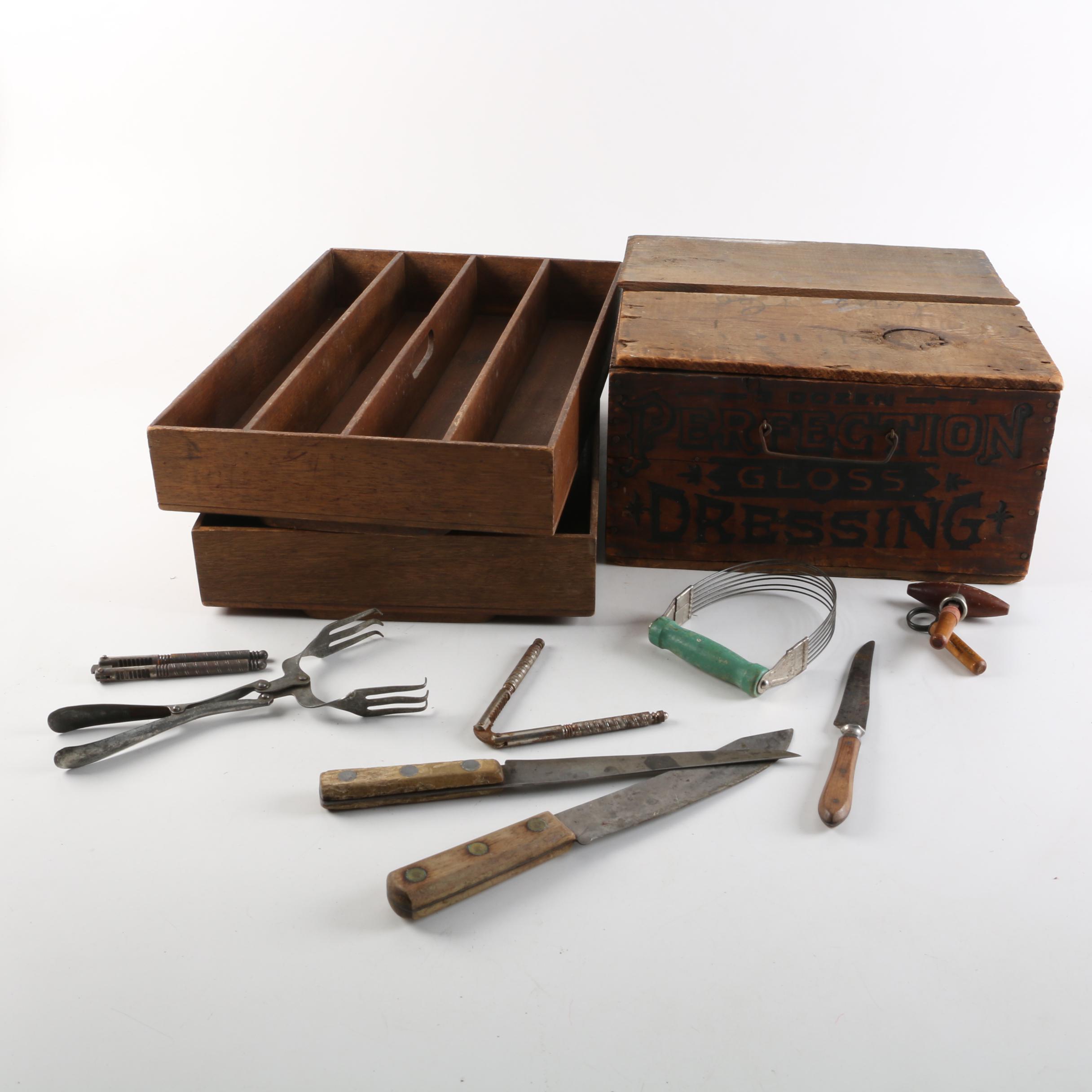 Vintage Wood Food Crate and Utensil Organizers with Various Cooking Tools