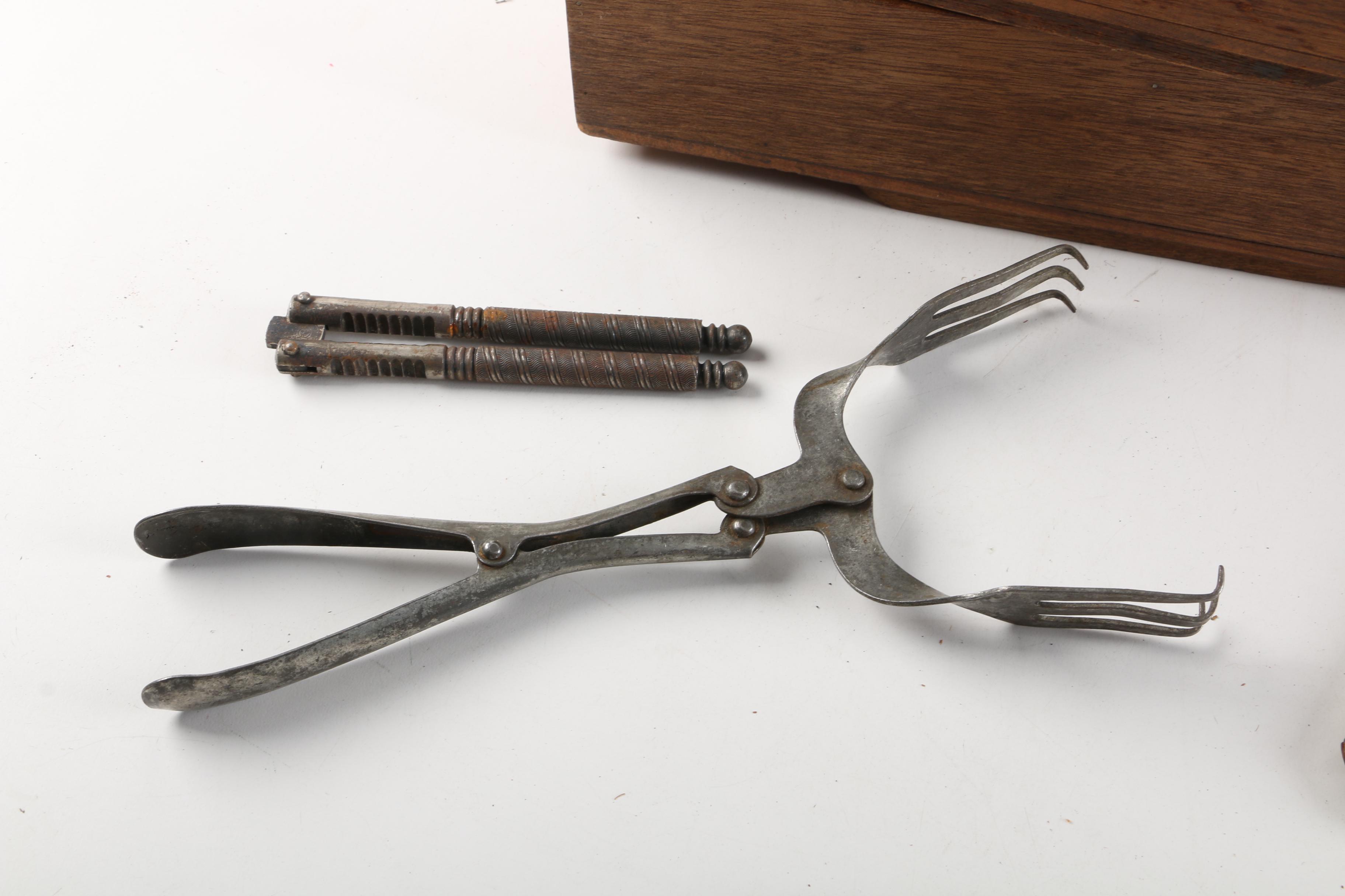Vintage Wood Food Crate and Utensil Organizers with Various Cooking Tools