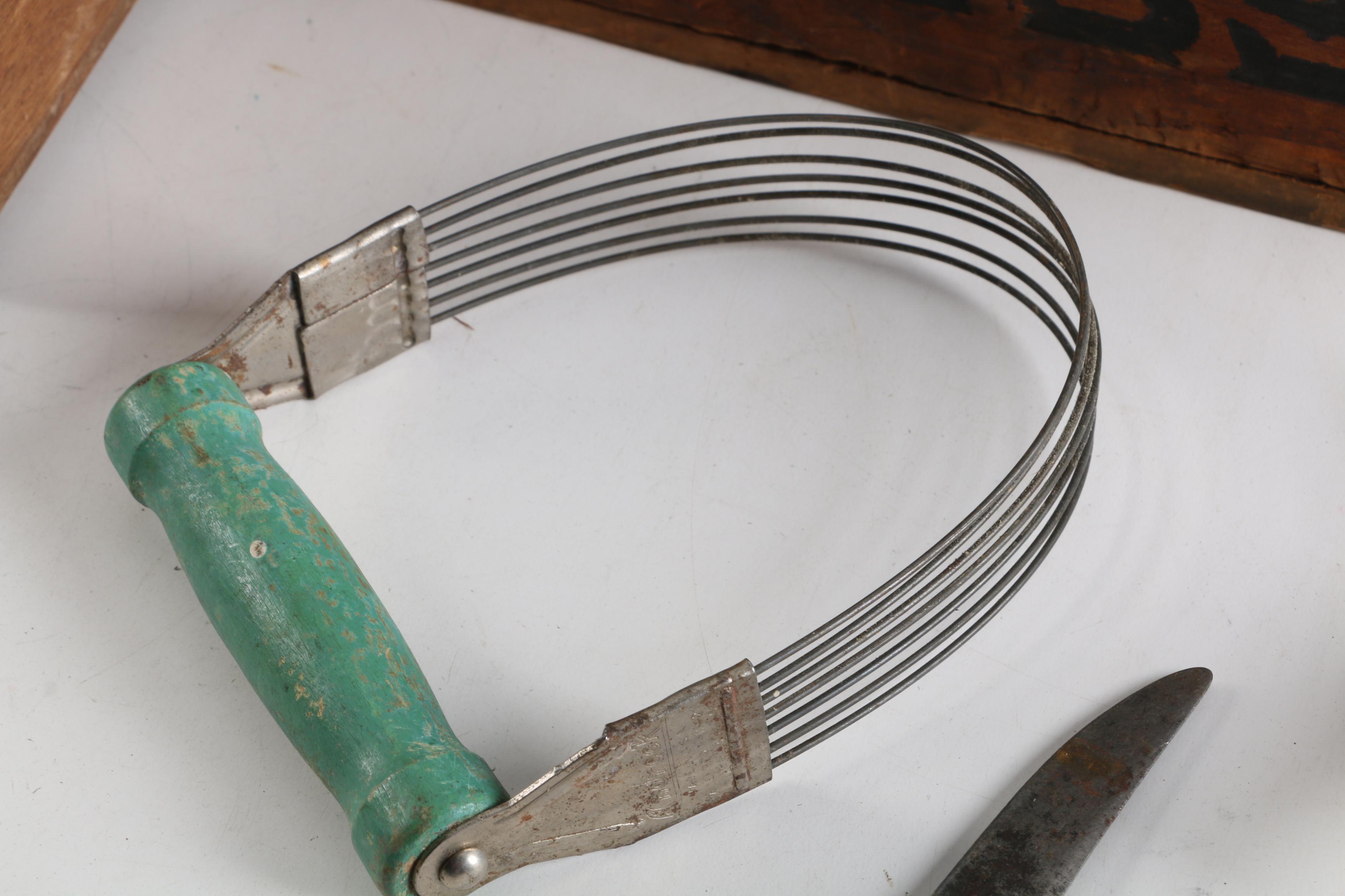 Vintage Wood Food Crate and Utensil Organizers with Various Cooking Tools