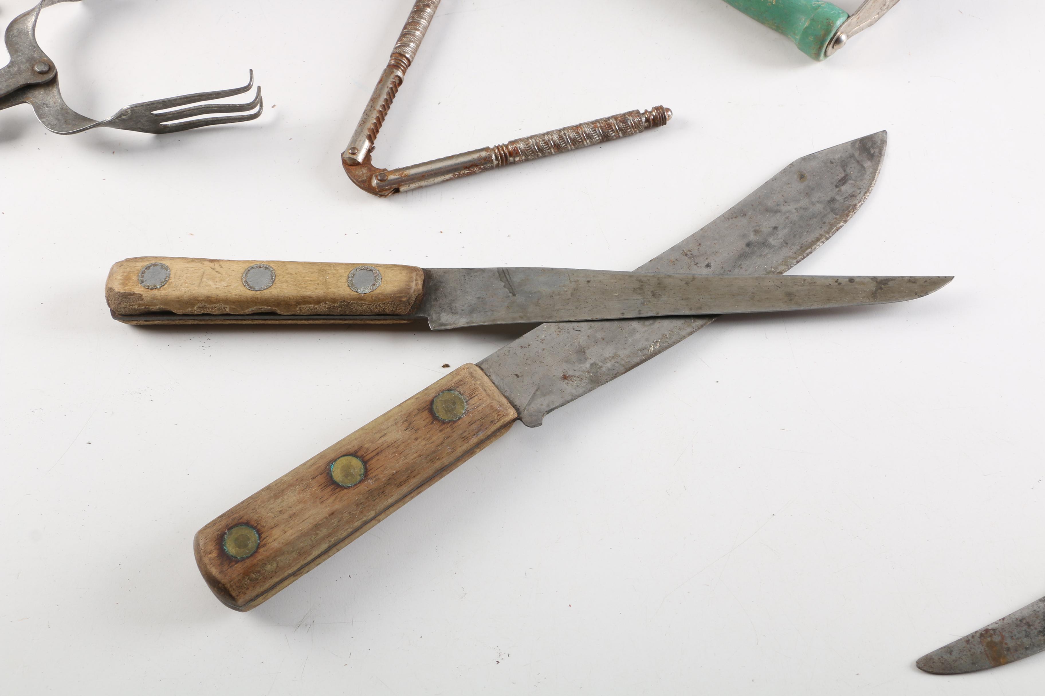 Vintage Wood Food Crate and Utensil Organizers with Various Cooking Tools