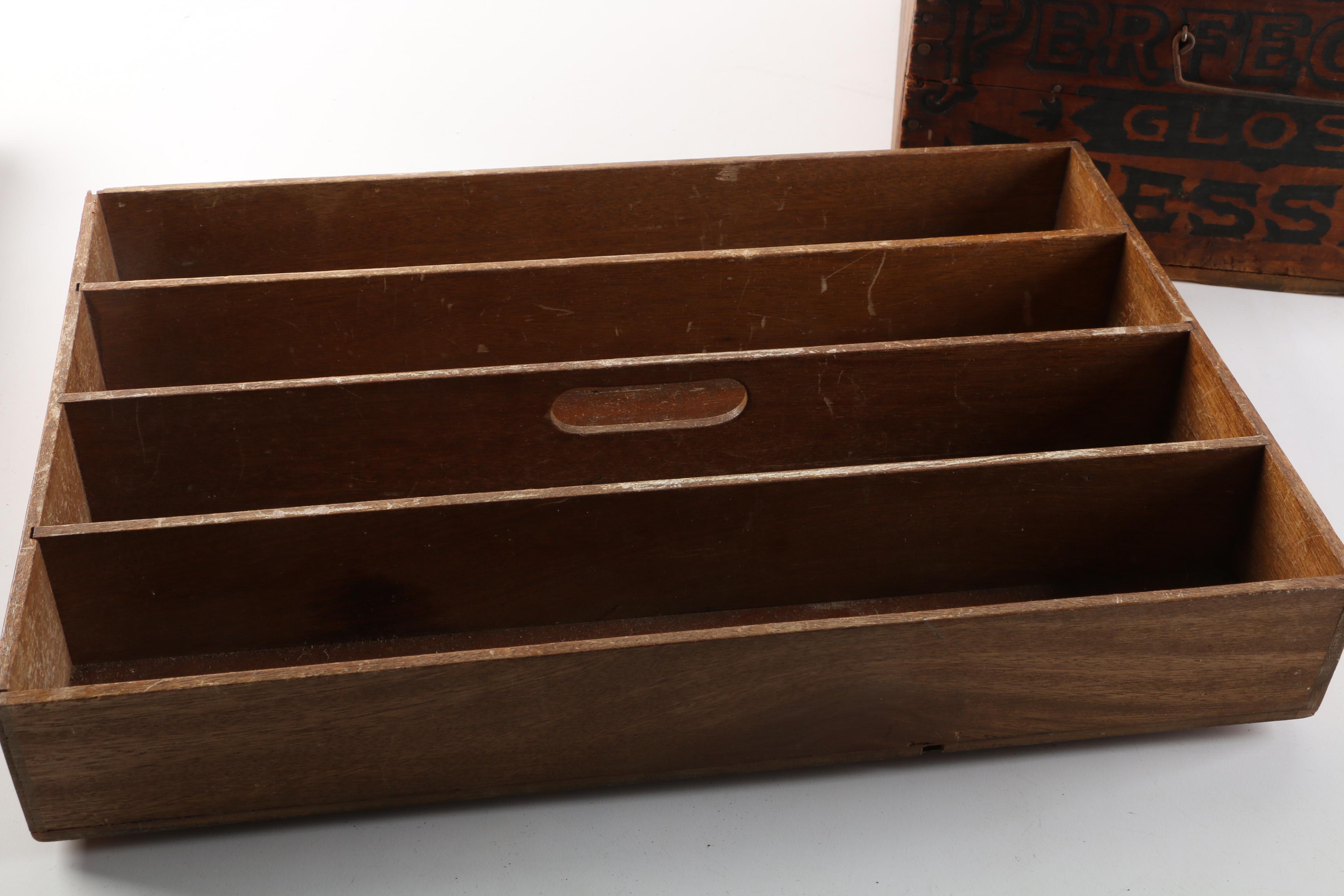 Vintage Wood Food Crate and Utensil Organizers with Various Cooking Tools