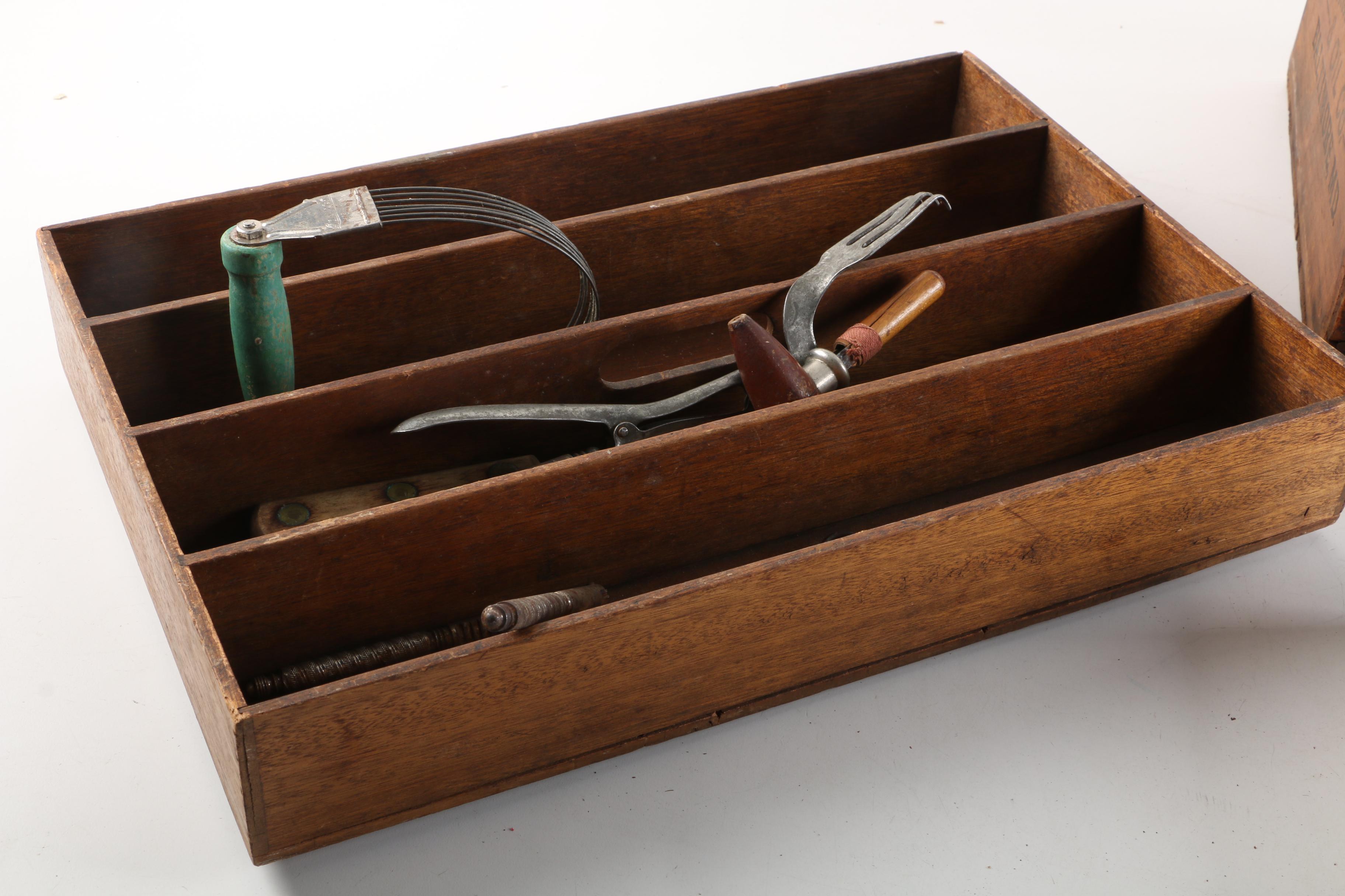 Vintage Wood Food Crate and Utensil Organizers with Various Cooking Tools