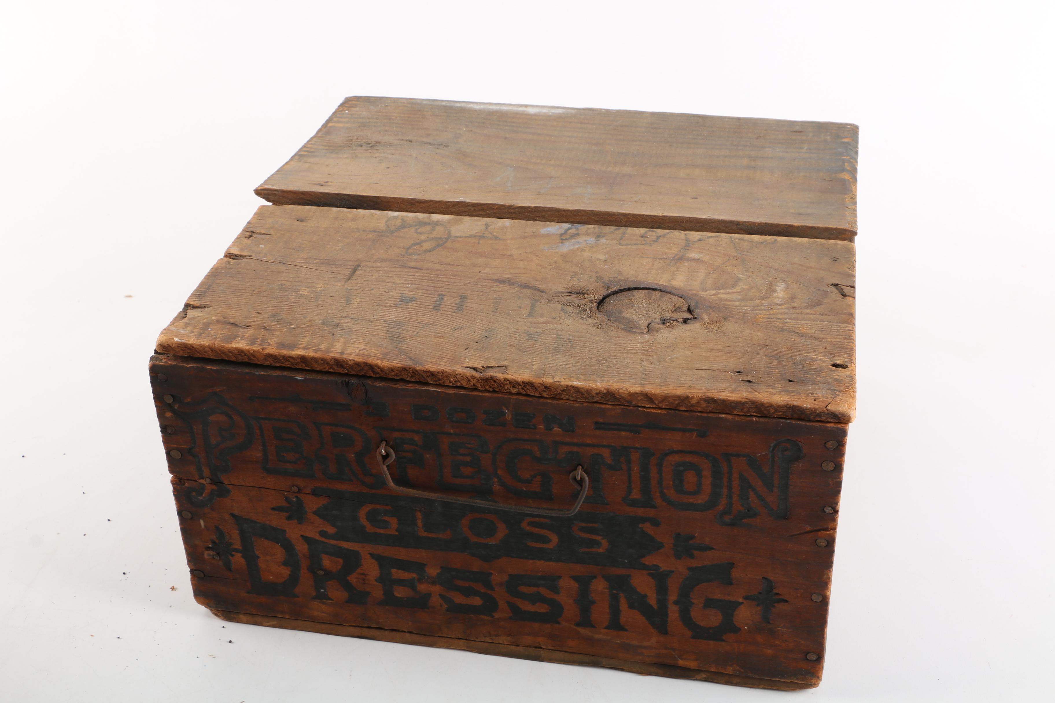 Vintage Wood Food Crate and Utensil Organizers with Various Cooking Tools