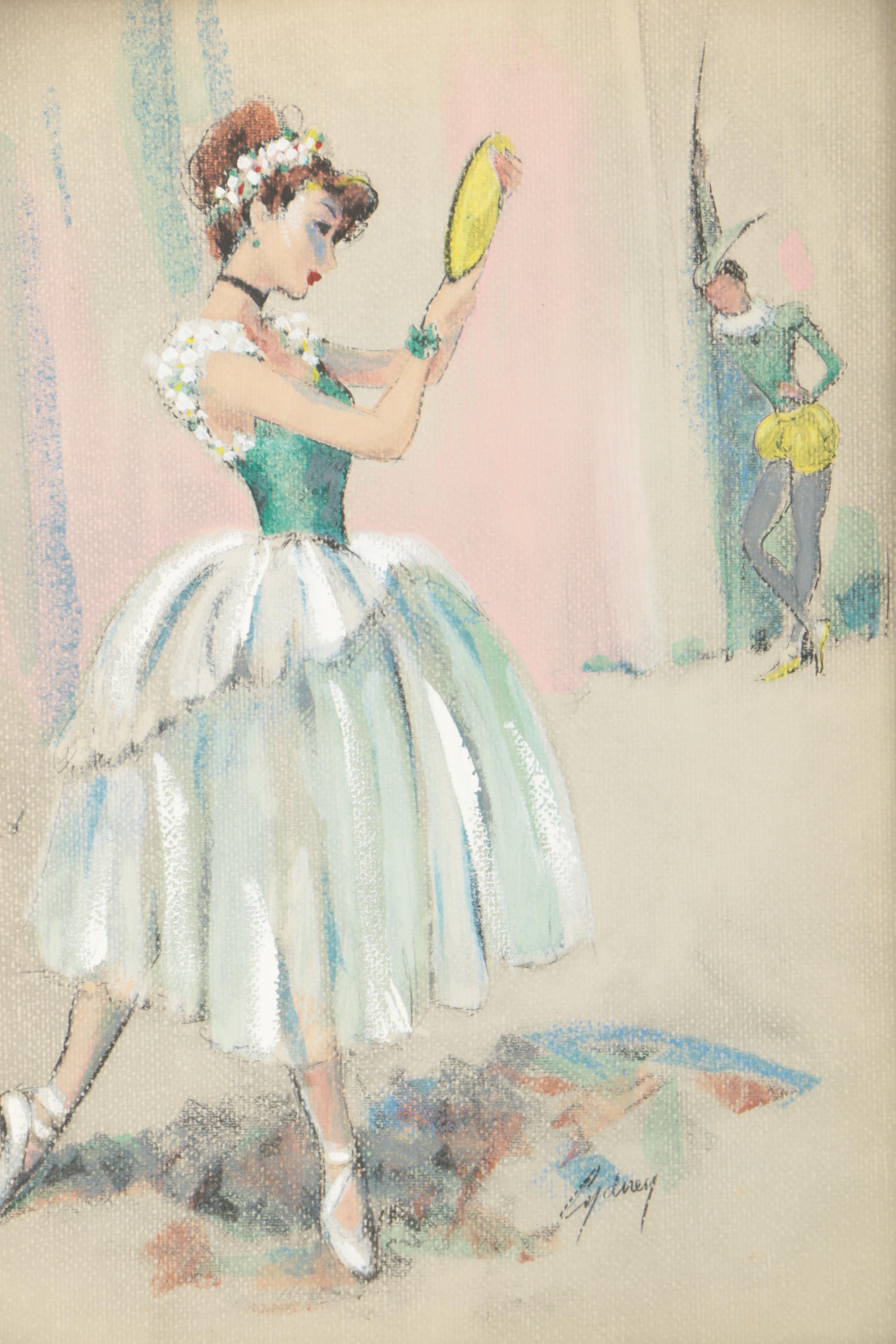 Cydney Grossman Mid Century Gouache Painting of Ballerina