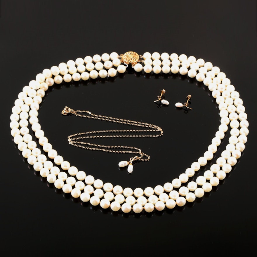 Gold Filled, Gold Tone Cultured Pearl Necklaces and Earrings Includes 14K Gold