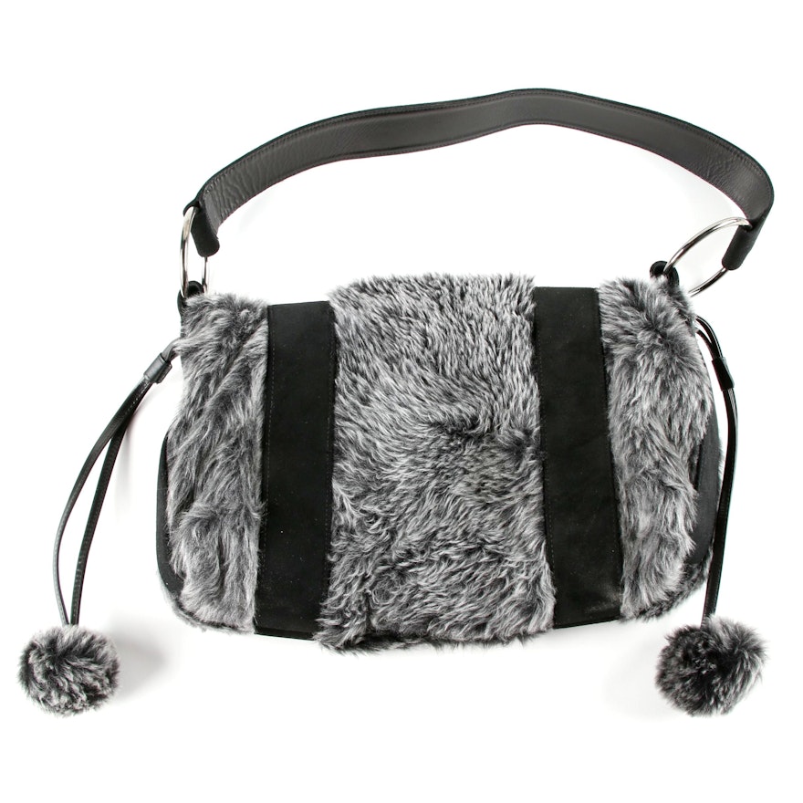 Stuart Weitzman Black and Gray Leather and Faux Fur Shoulder Bag