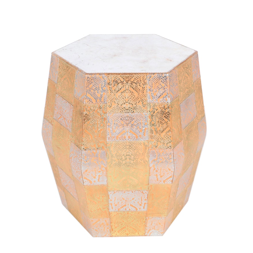 East Indian Hexagonal Leather-Covered Metal Occasional Table