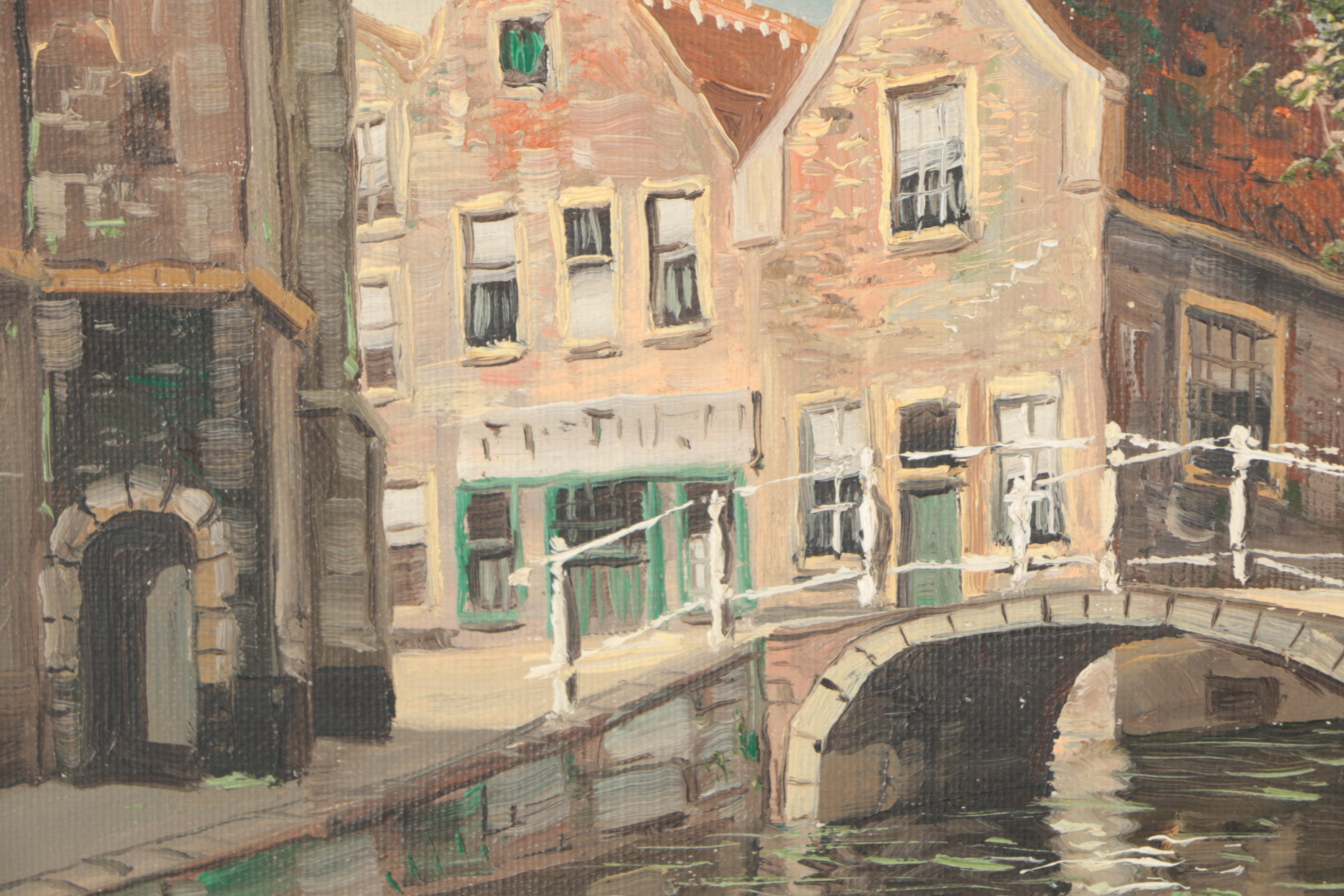 Jacobus Lambertus Dispo, Sr. Mid Century Oil Paintings of Amsterdam Canal Scenes
