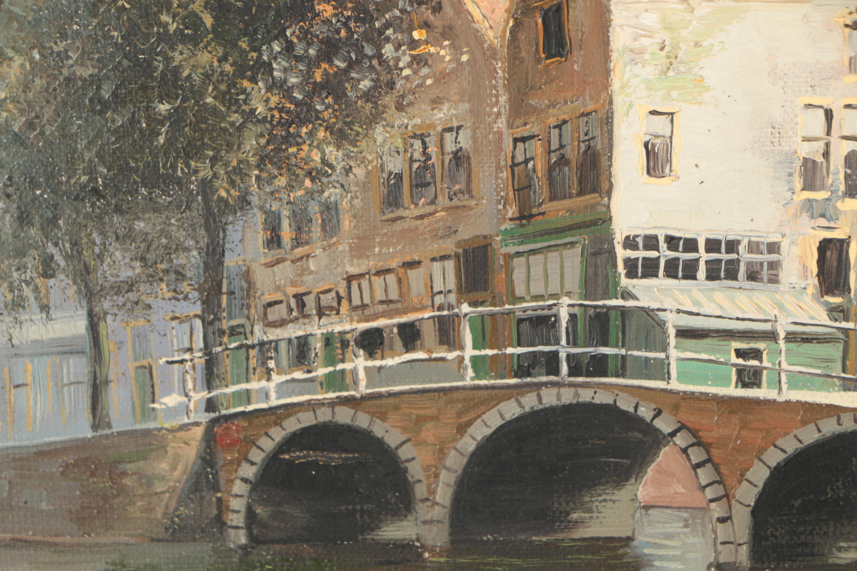 Jacobus Lambertus Dispo, Sr. Mid Century Oil Paintings of Amsterdam Canal Scenes