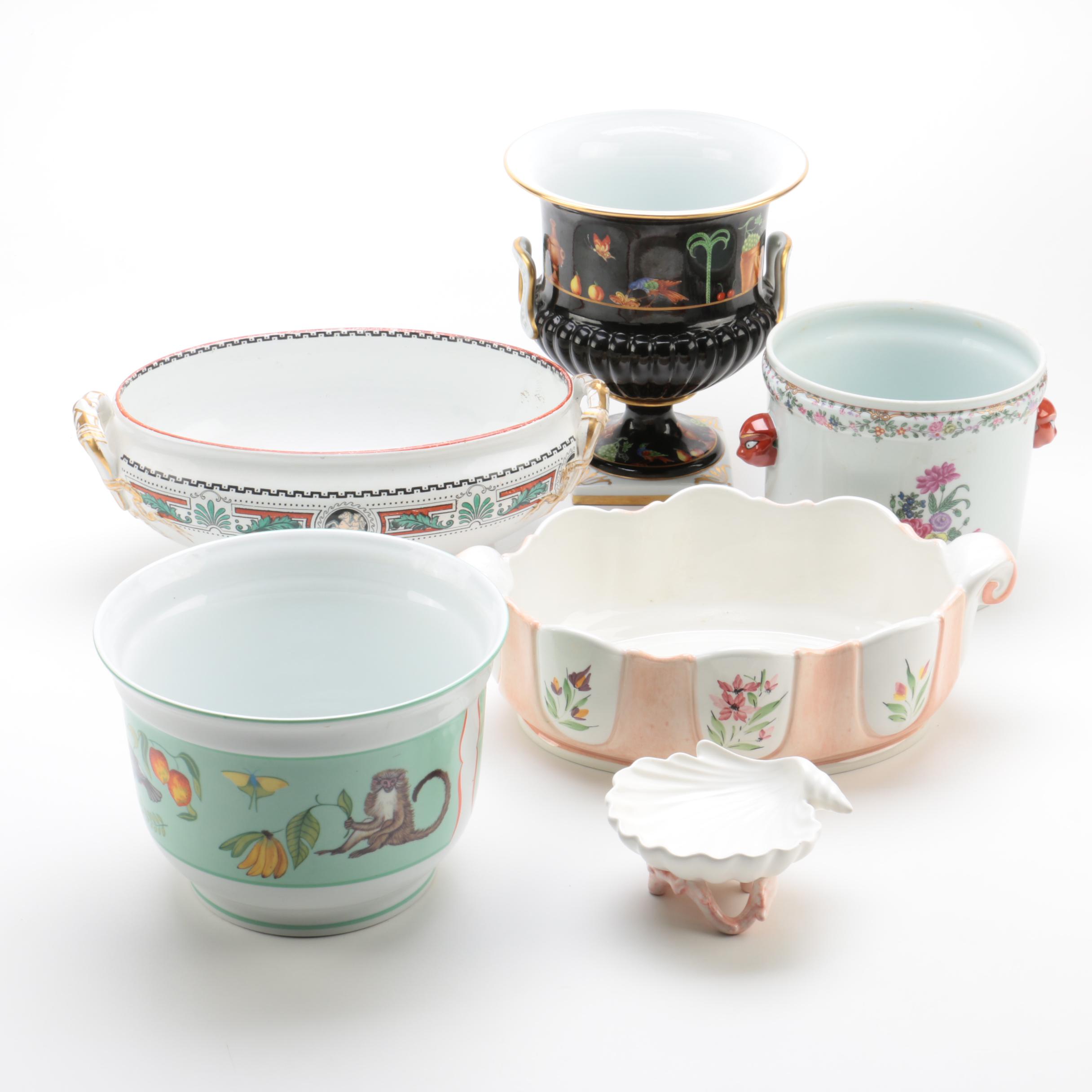 Porcelain Cachepots Featuring Tiffany "Black Shoulder" Urn