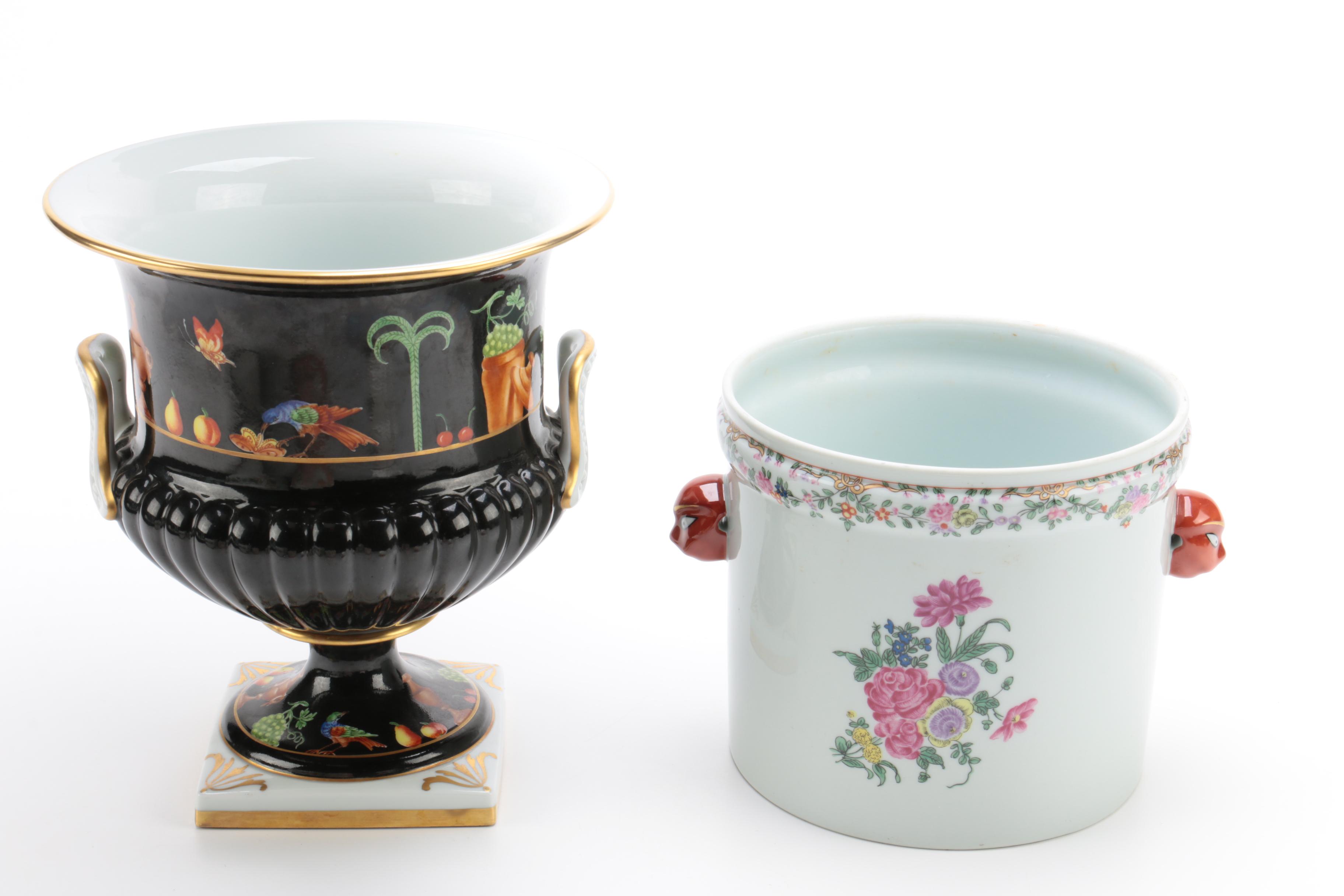 Porcelain Cachepots Featuring Tiffany "Black Shoulder" Urn
