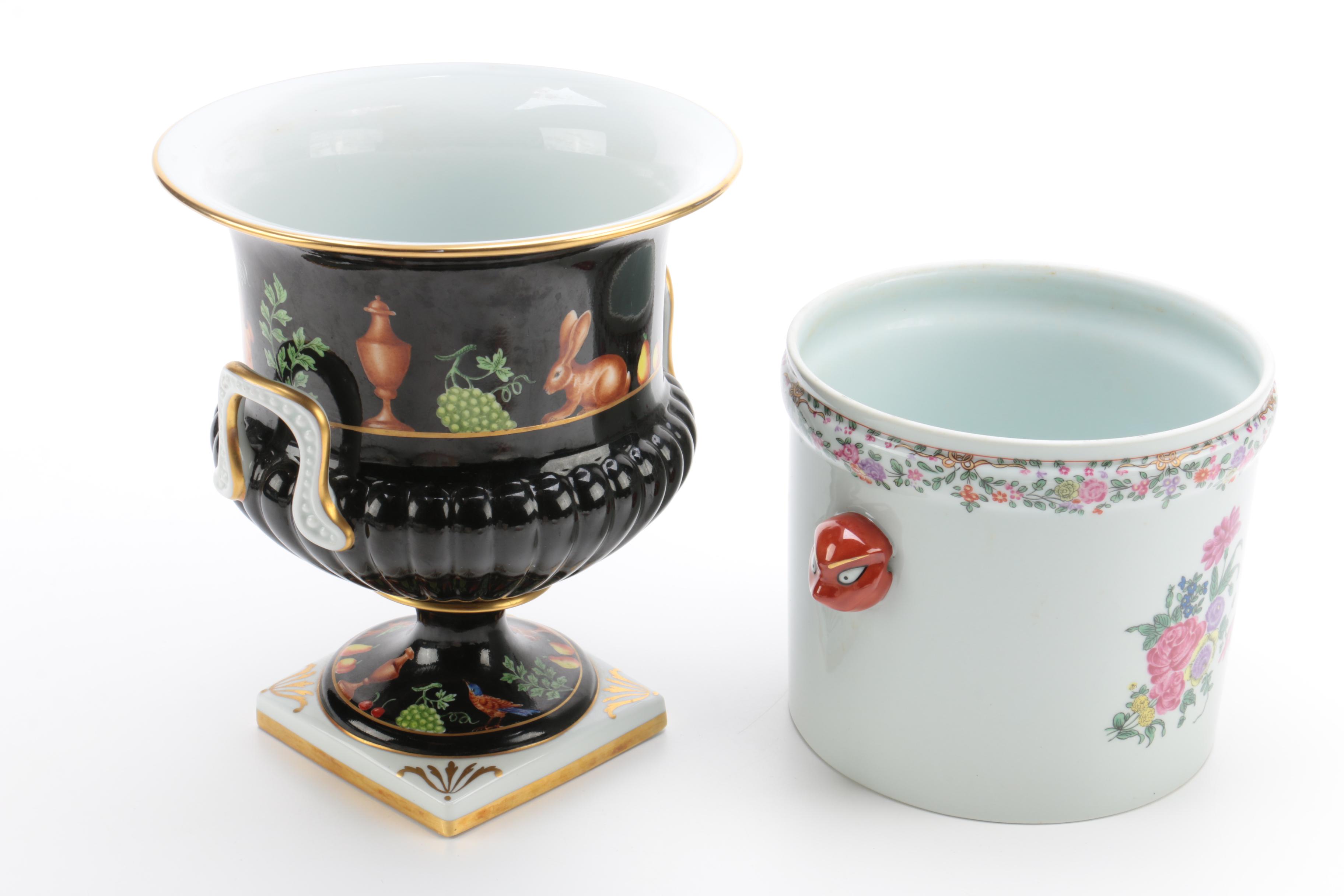 Porcelain Cachepots Featuring Tiffany "Black Shoulder" Urn