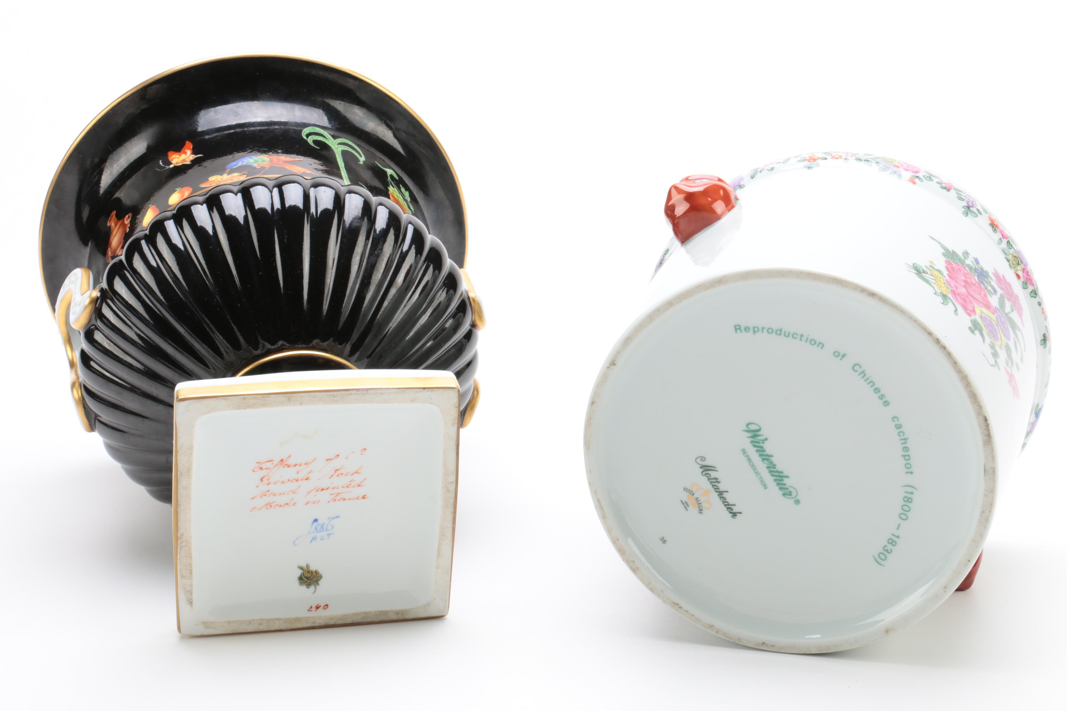 Porcelain Cachepots Featuring Tiffany "Black Shoulder" Urn