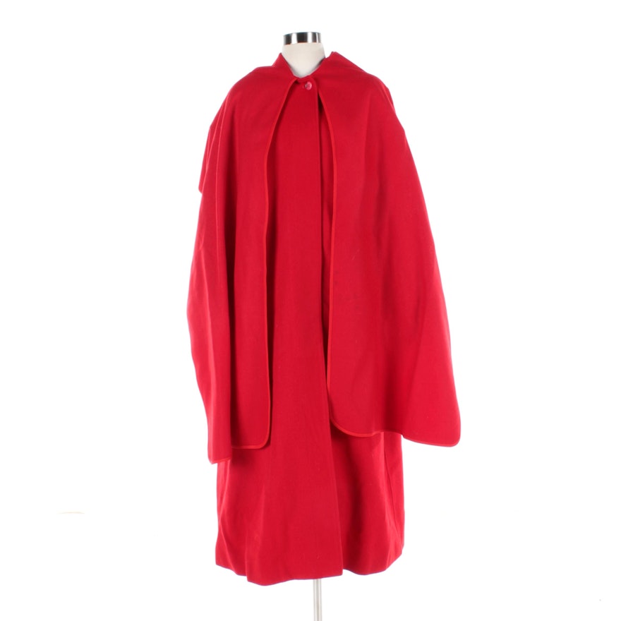 Vintage Burberry Red Wool and Alpaca Coat with Attached Scarf