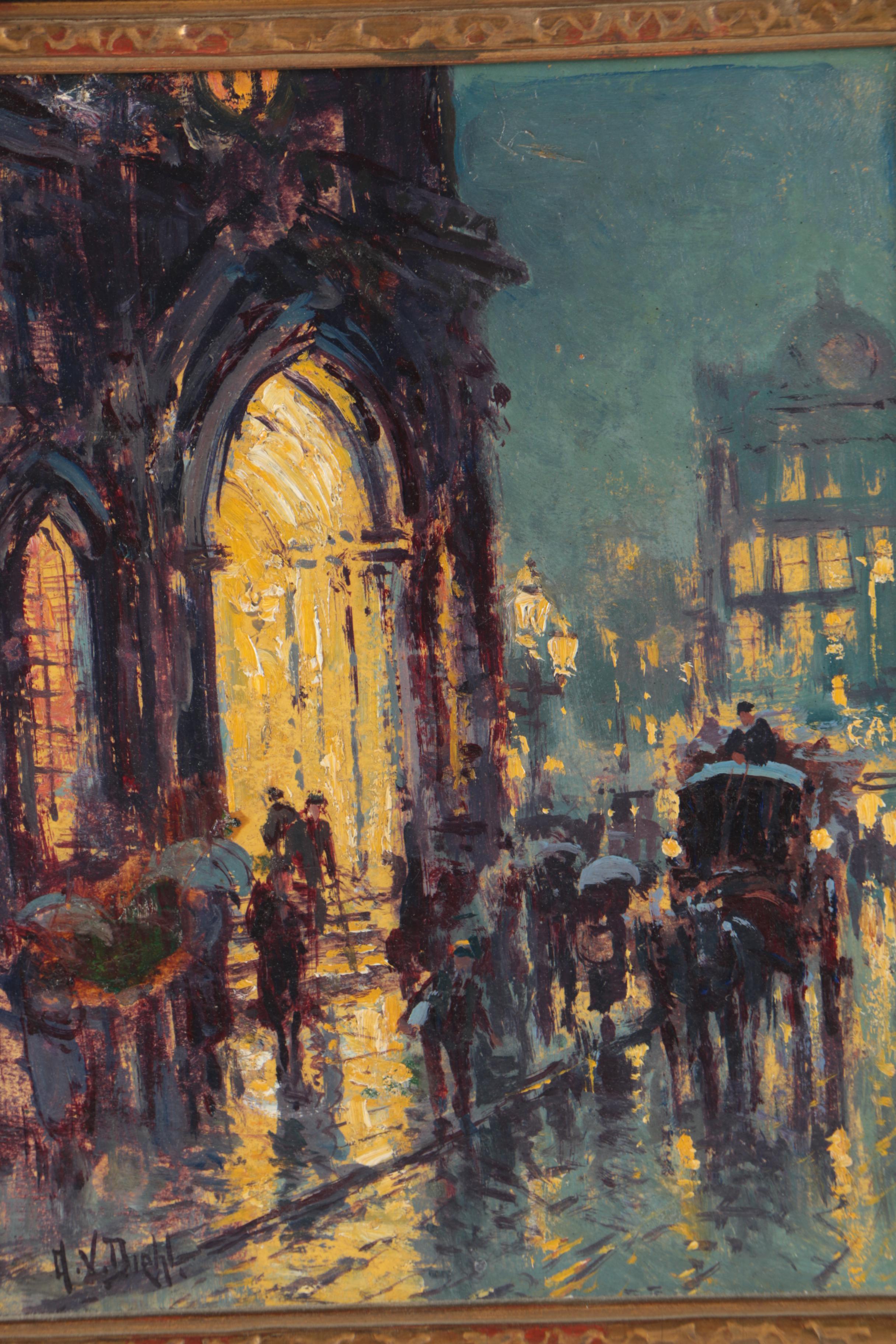 Arthur Vidal Diehl Oil Painting of a Rainy Street Scene