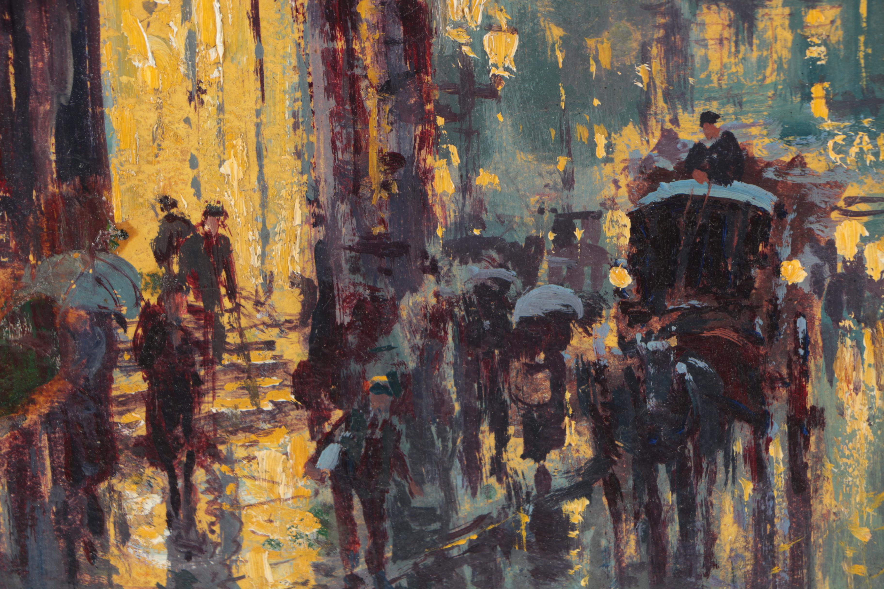 Arthur Vidal Diehl Oil Painting of a Rainy Street Scene