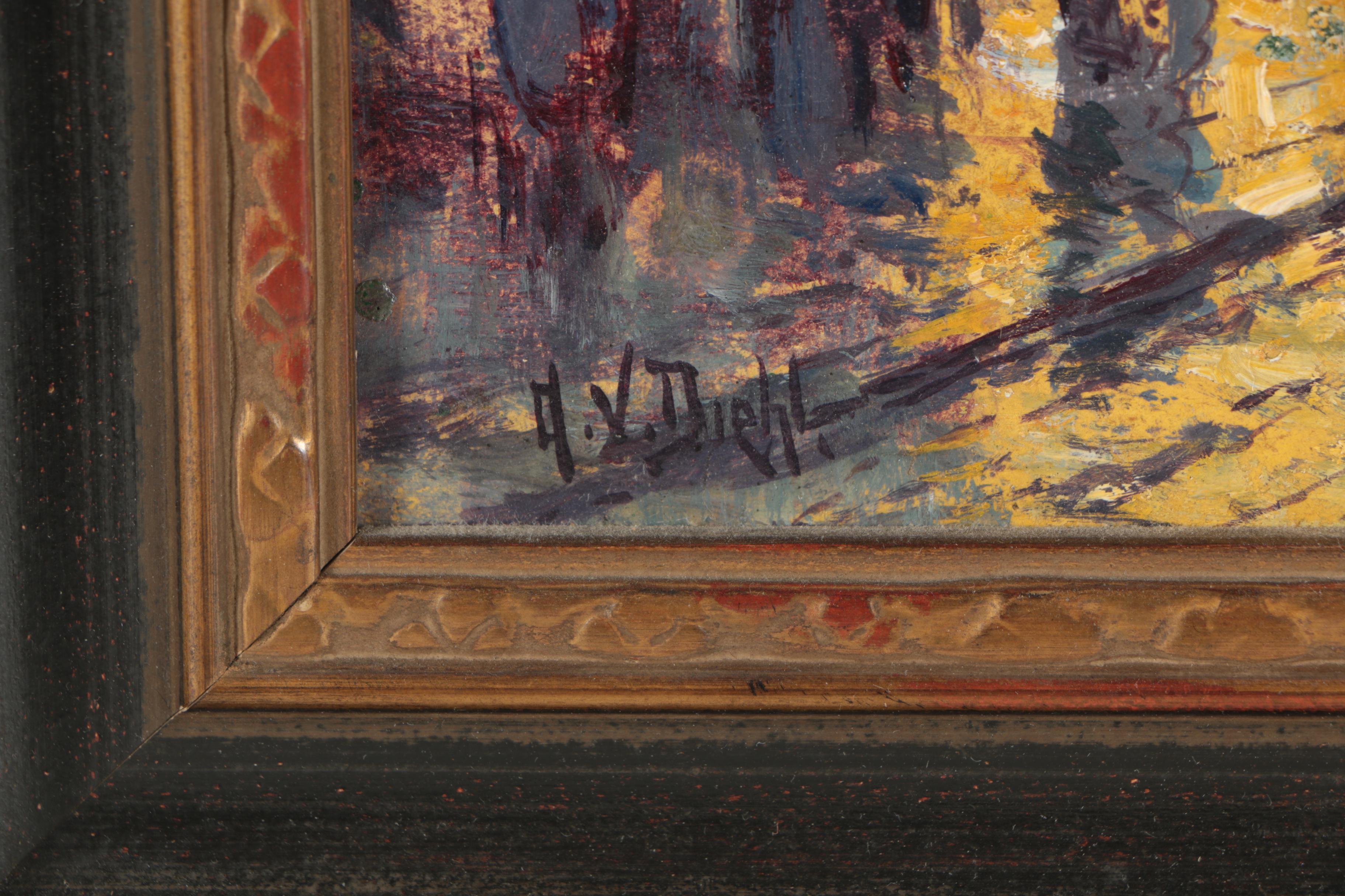 Arthur Vidal Diehl Oil Painting of a Rainy Street Scene