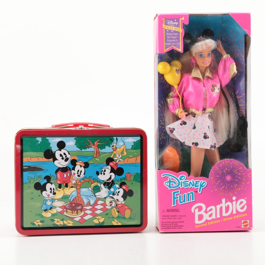 1990s Mattel "Disney Fun" Barbie Doll and "Mickey Mouse" Lunch Box