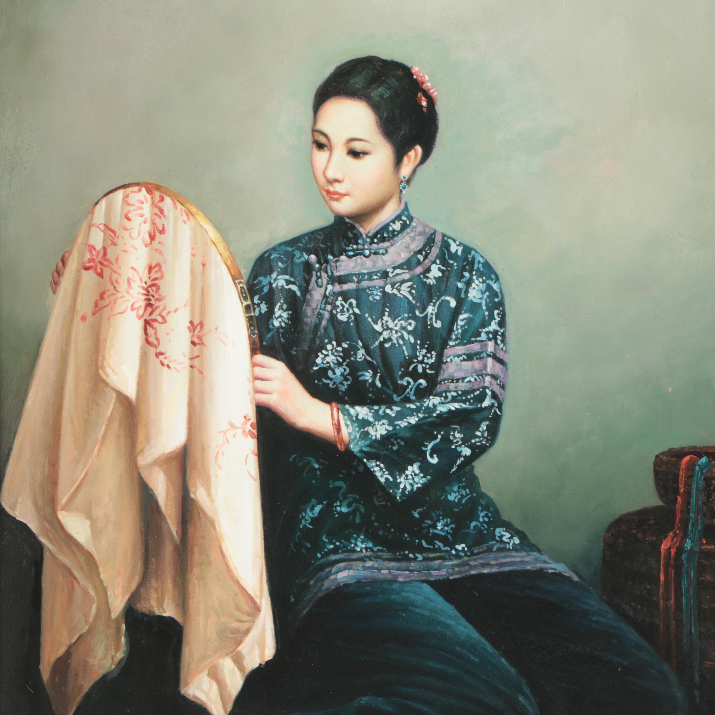 Minghin Oil Painting of a Woman Sewing