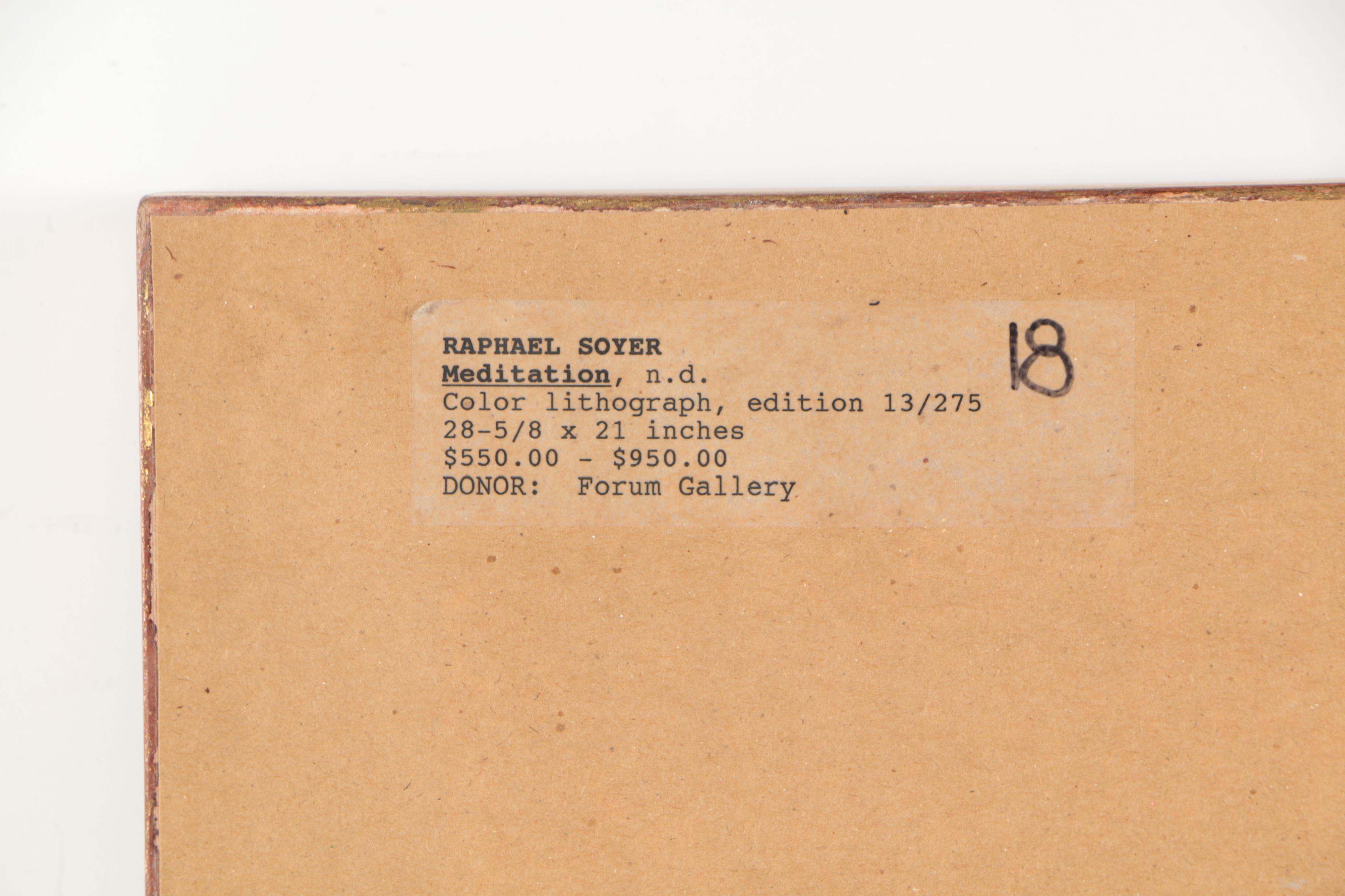 Raphael Soyer Lithograph "Meditation"