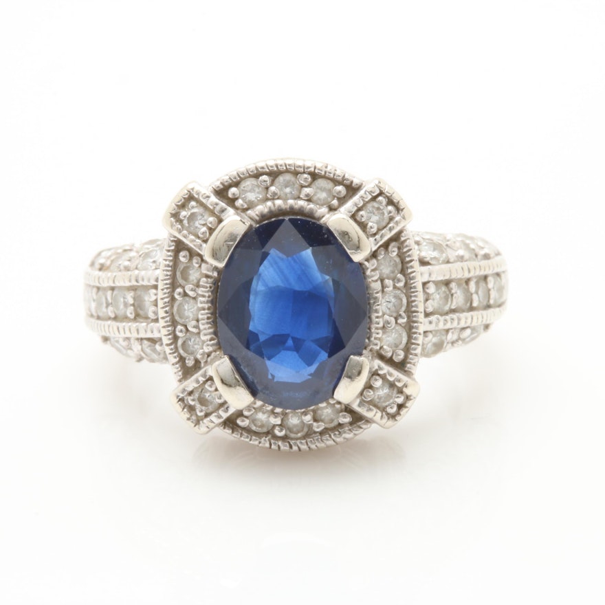 14K White Gold 1.48 CT Sapphire and Diamond Ring