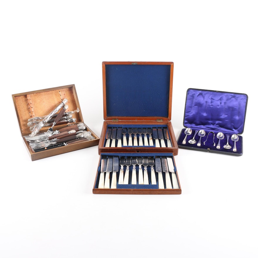 London Mother of Pearl Handled Fish Set and Other English Flatware