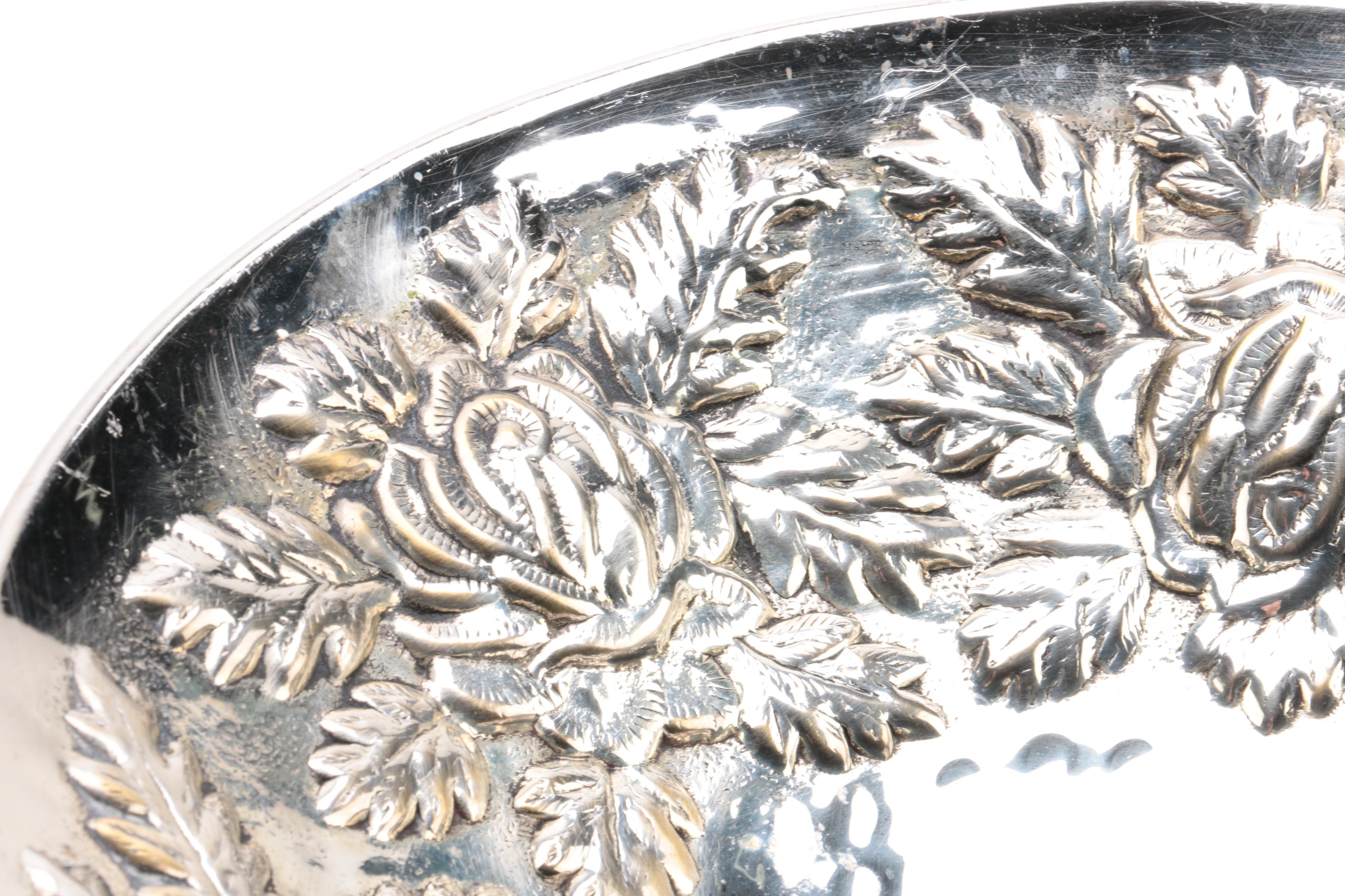 Repousse Floral Accented Silver Plate Trays and Bowls