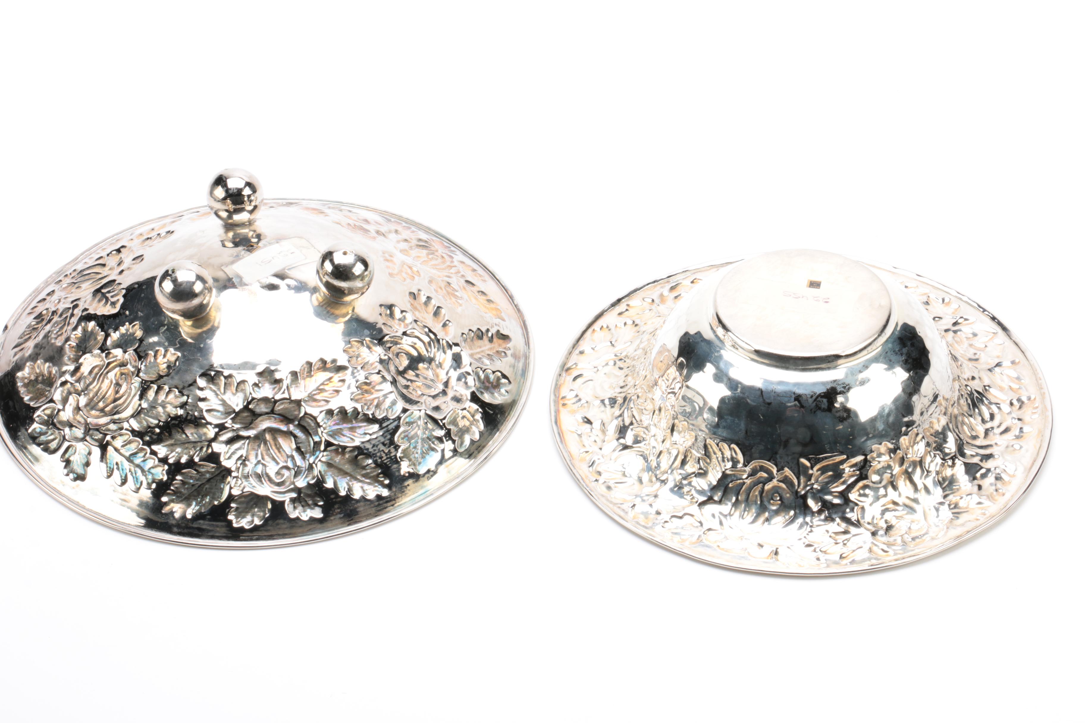 Repousse Floral Accented Silver Plate Trays and Bowls