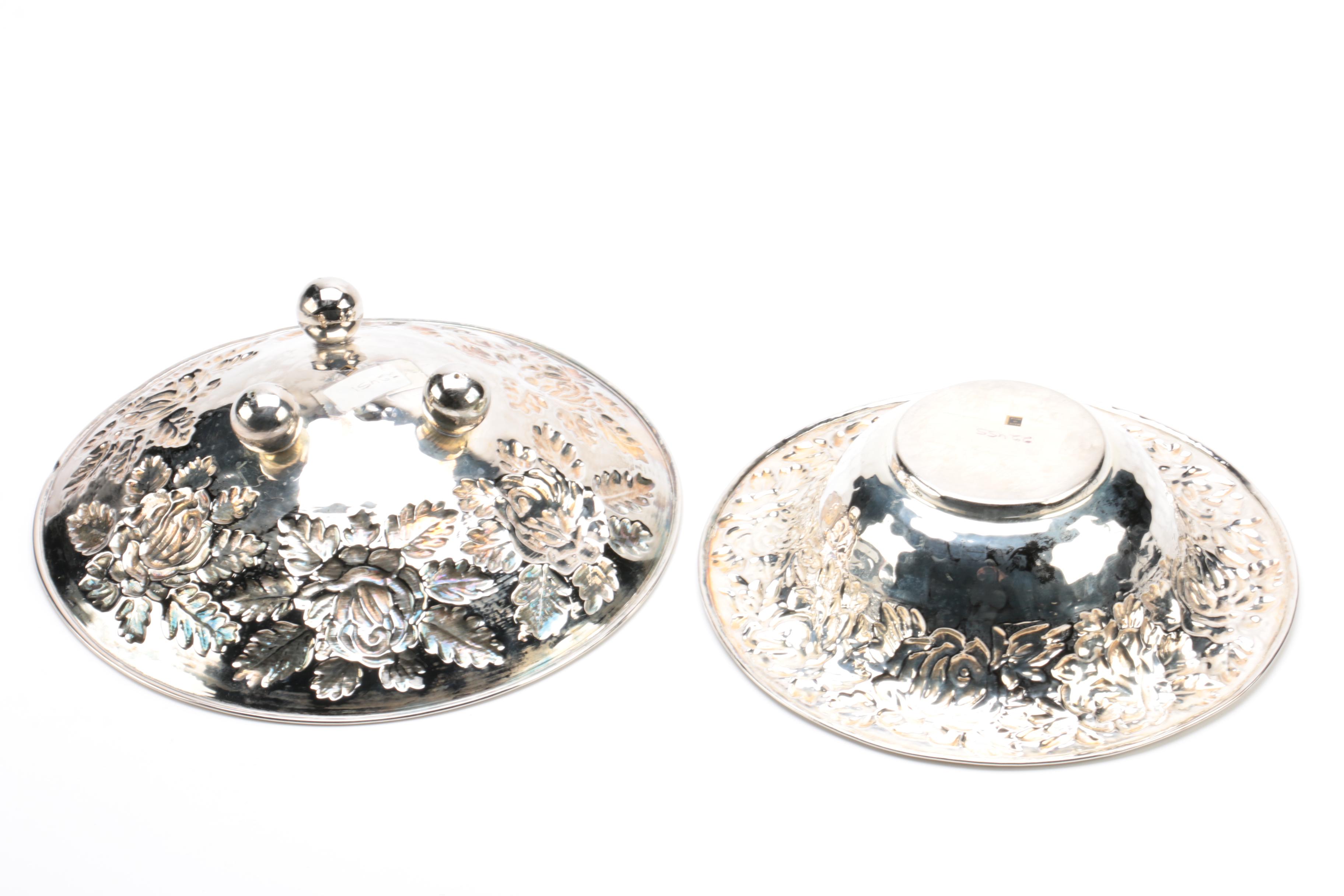 Repousse Floral Accented Silver Plate Trays and Bowls