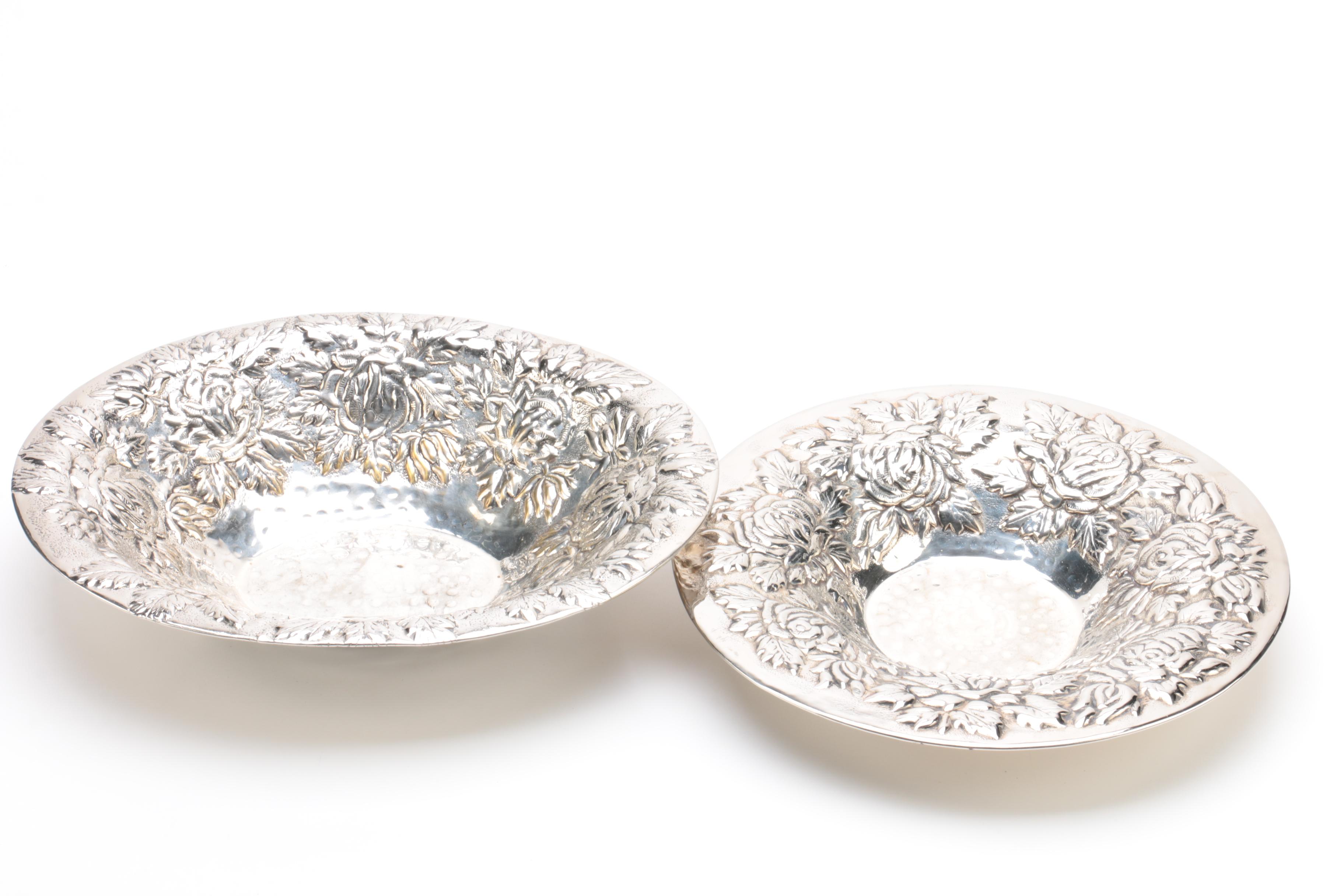 Repousse Floral Accented Silver Plate Trays and Bowls