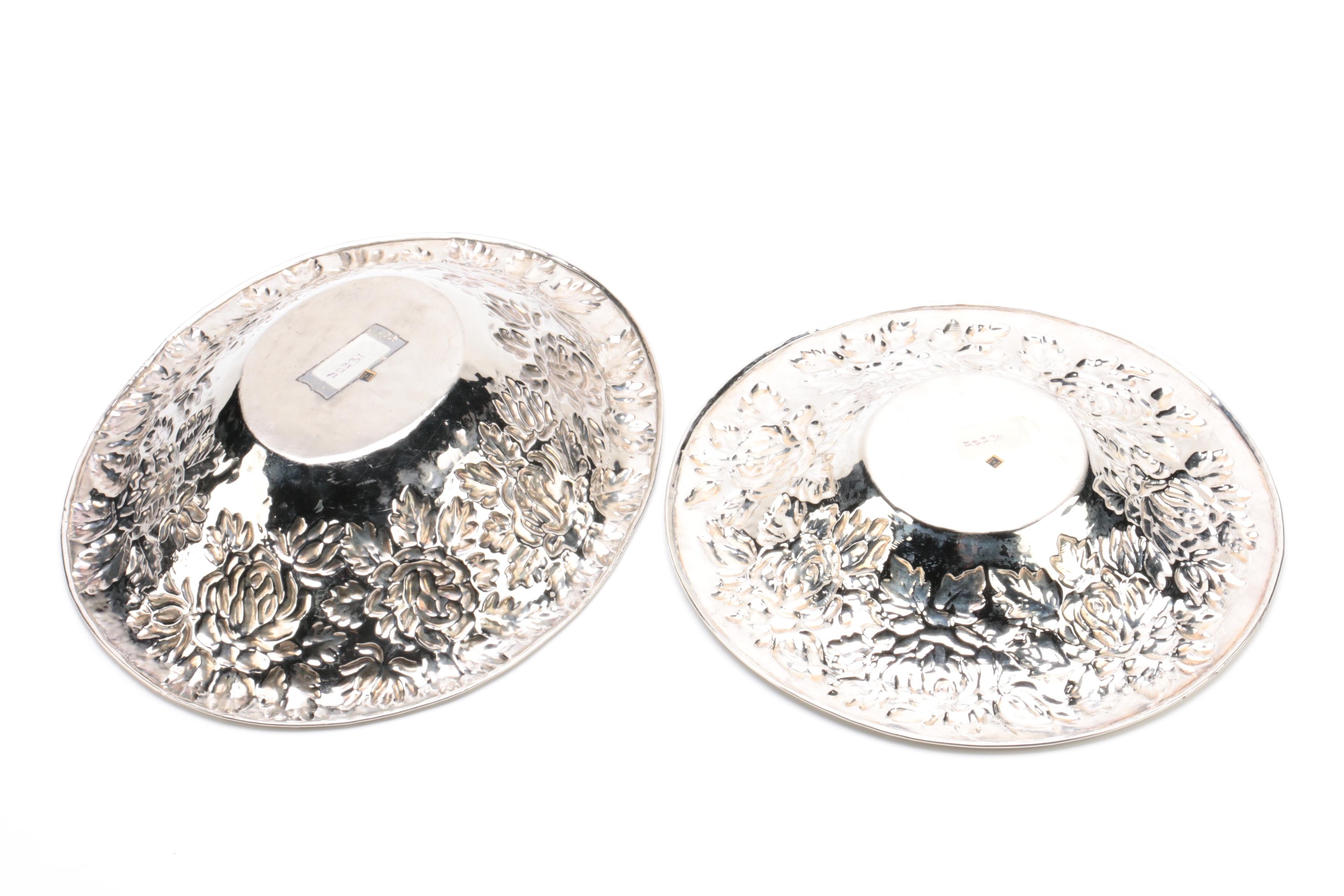 Repousse Floral Accented Silver Plate Trays and Bowls