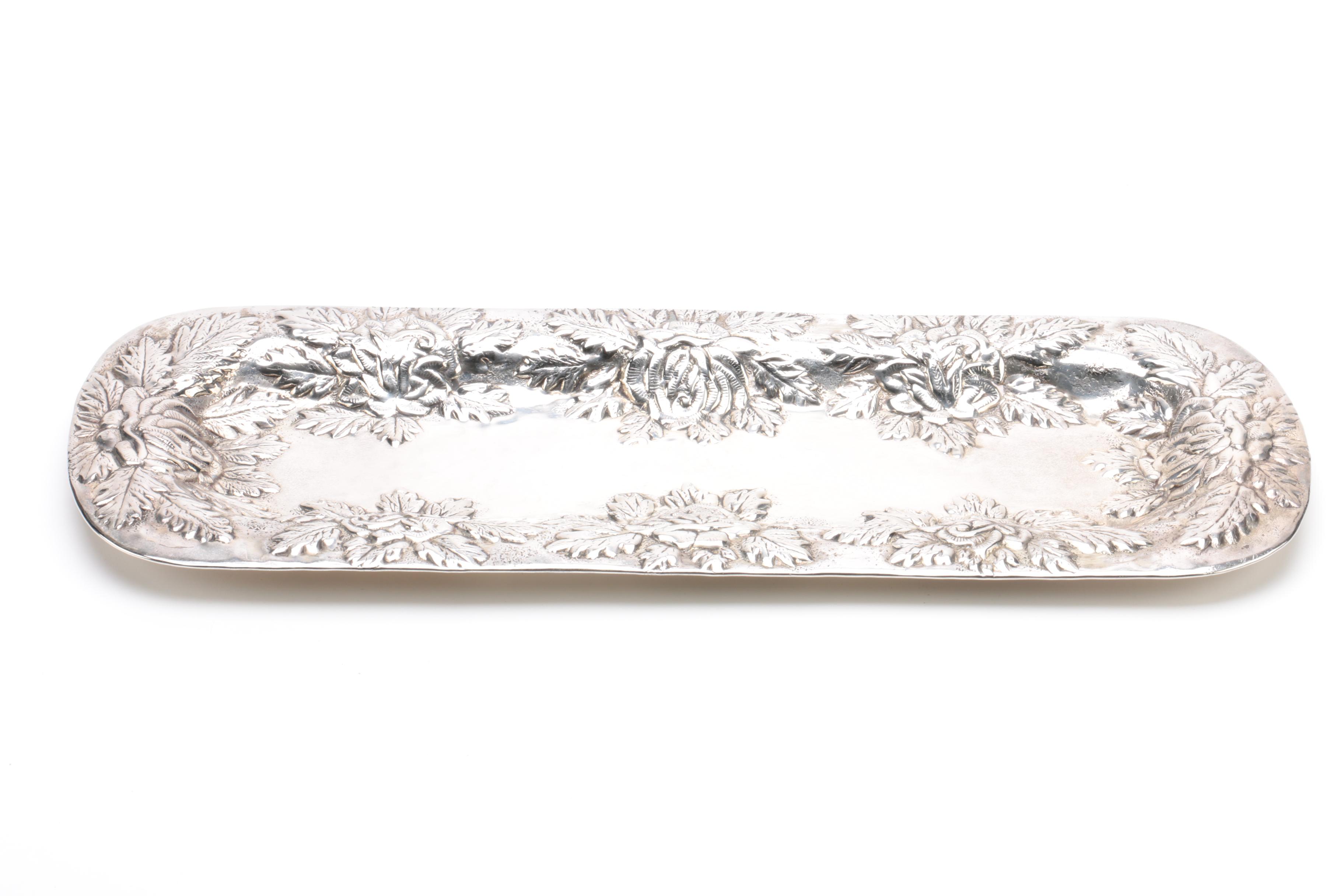 Repousse Floral Accented Silver Plate Trays and Bowls