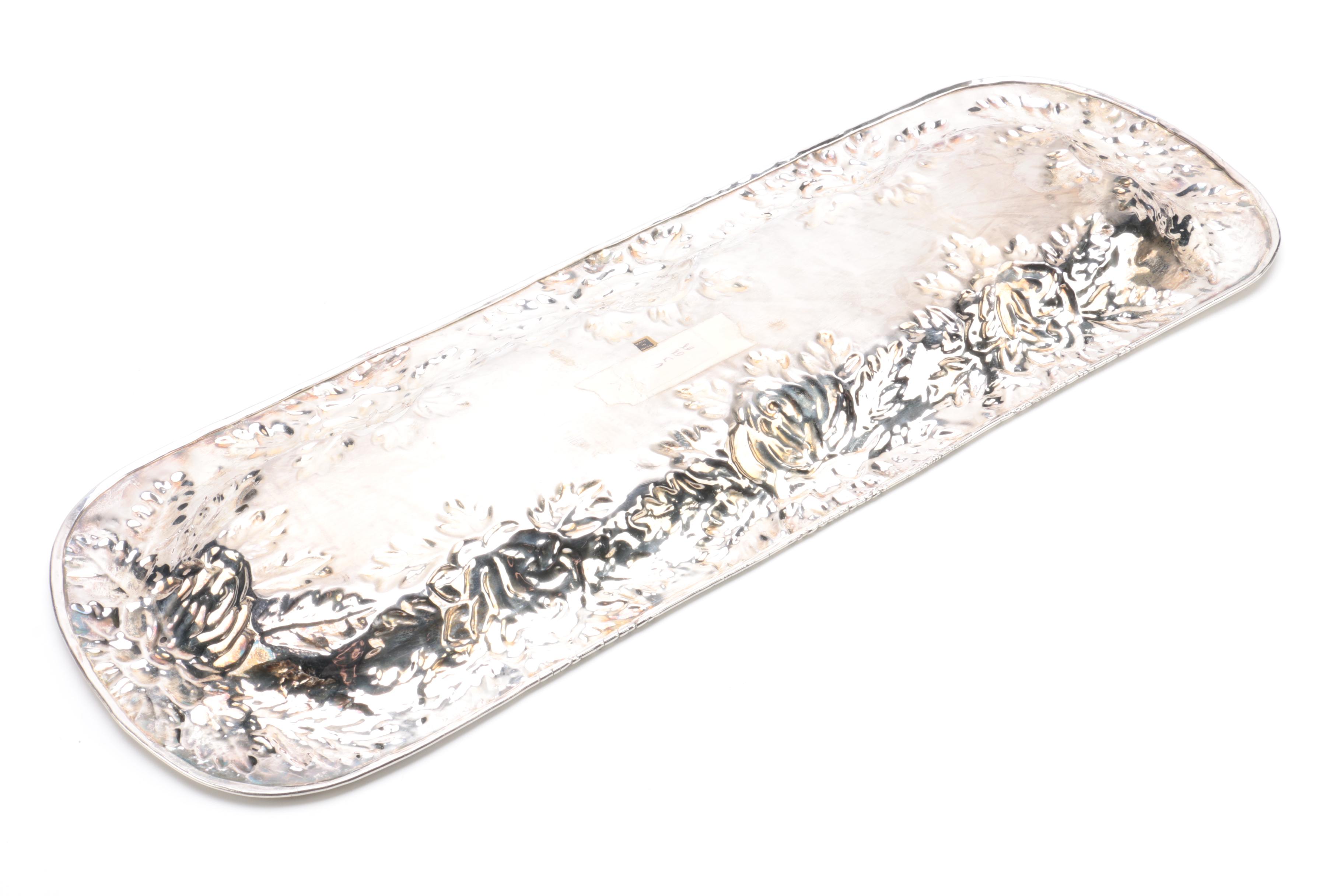 Repousse Floral Accented Silver Plate Trays and Bowls