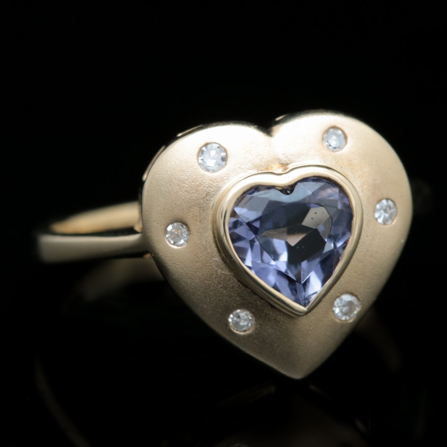 10K Yellow Gold, Iolite and Diamond Heart Ring