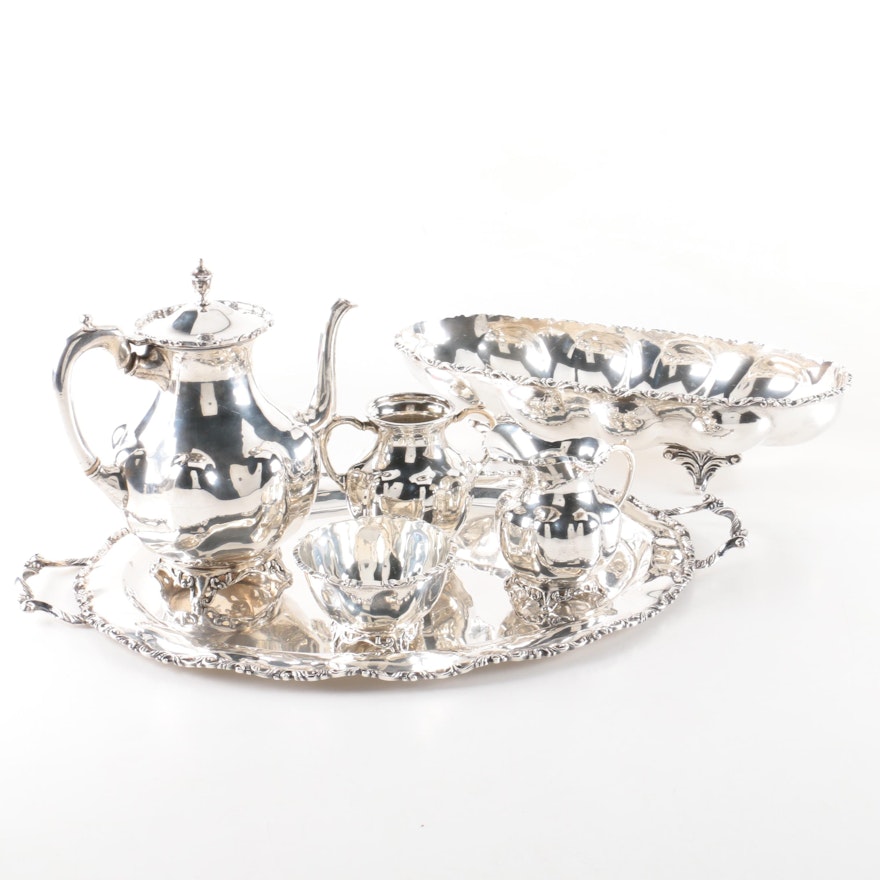 A. Torres Vega Mexican Sterling Silver Tea Set with Tray and Footed Dish