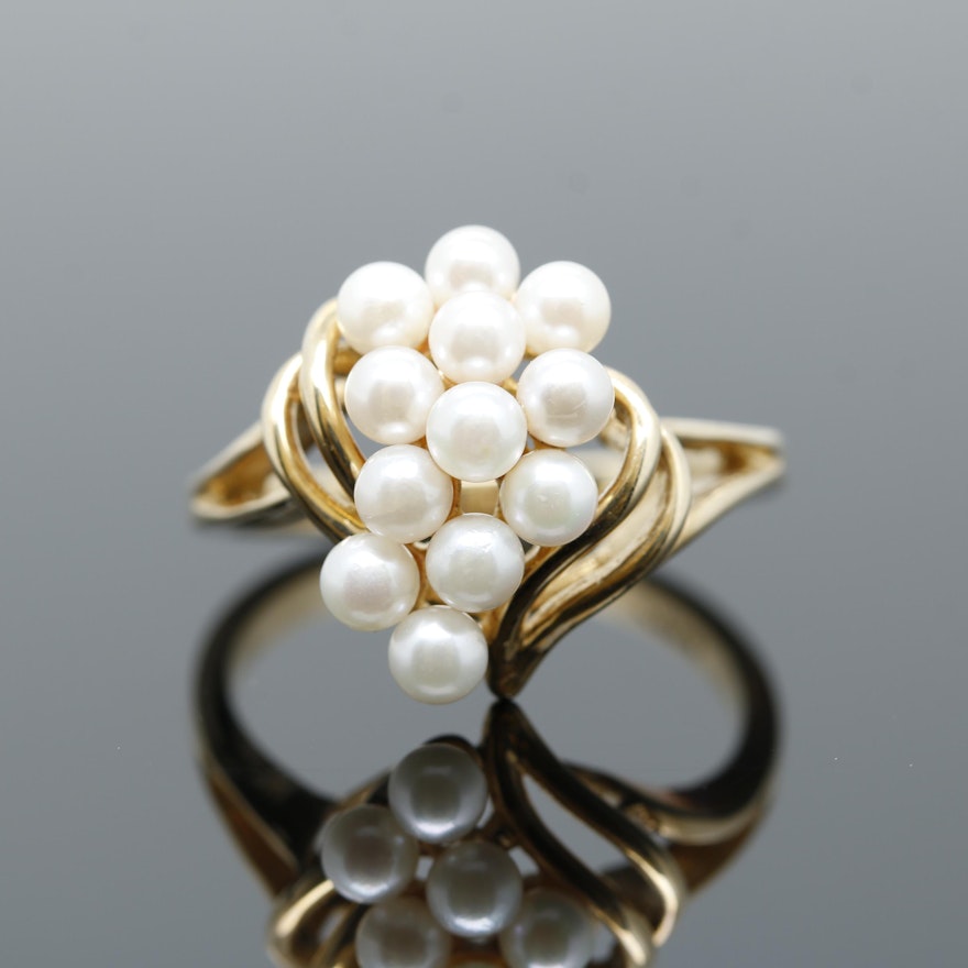 10K Yellow Gold Cultured Pearl Cluster Ring