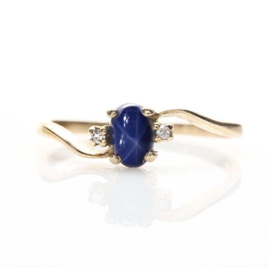 10K Yellow Gold Synthetic Star Sapphire and Diamond Ring