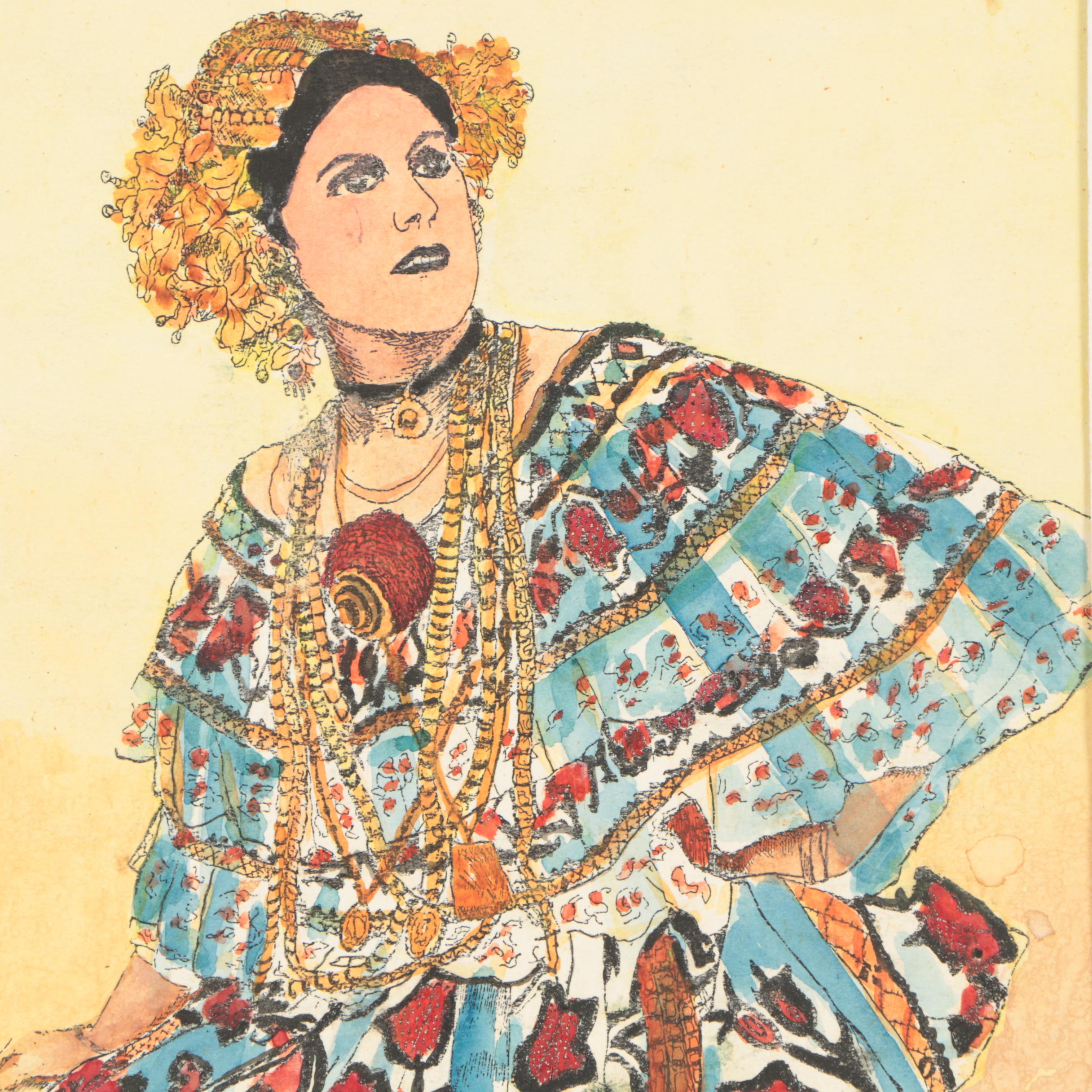 H. Cernuo Ink and Watercolor Painting of a Woman