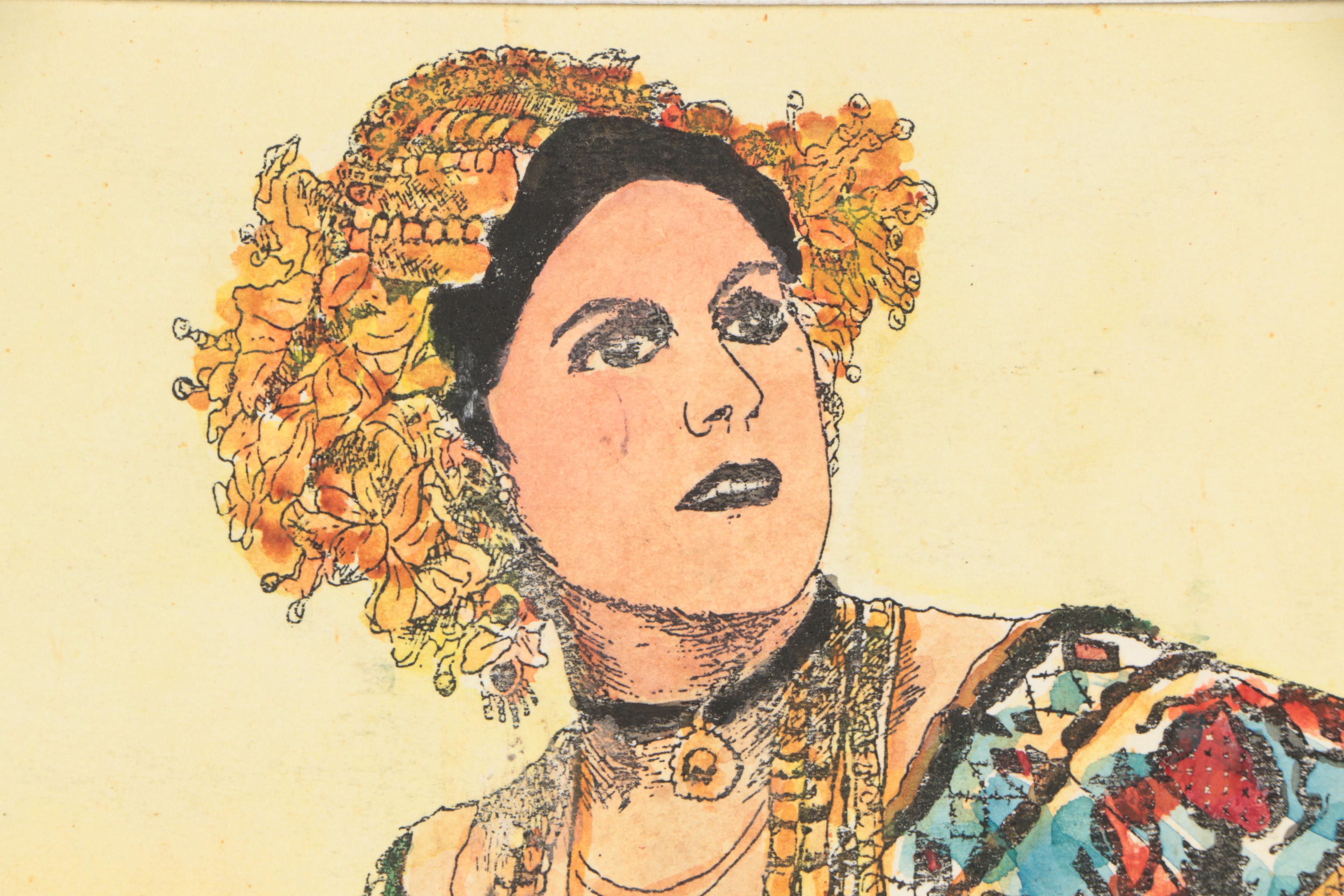 H. Cernuo Ink and Watercolor Painting of a Woman