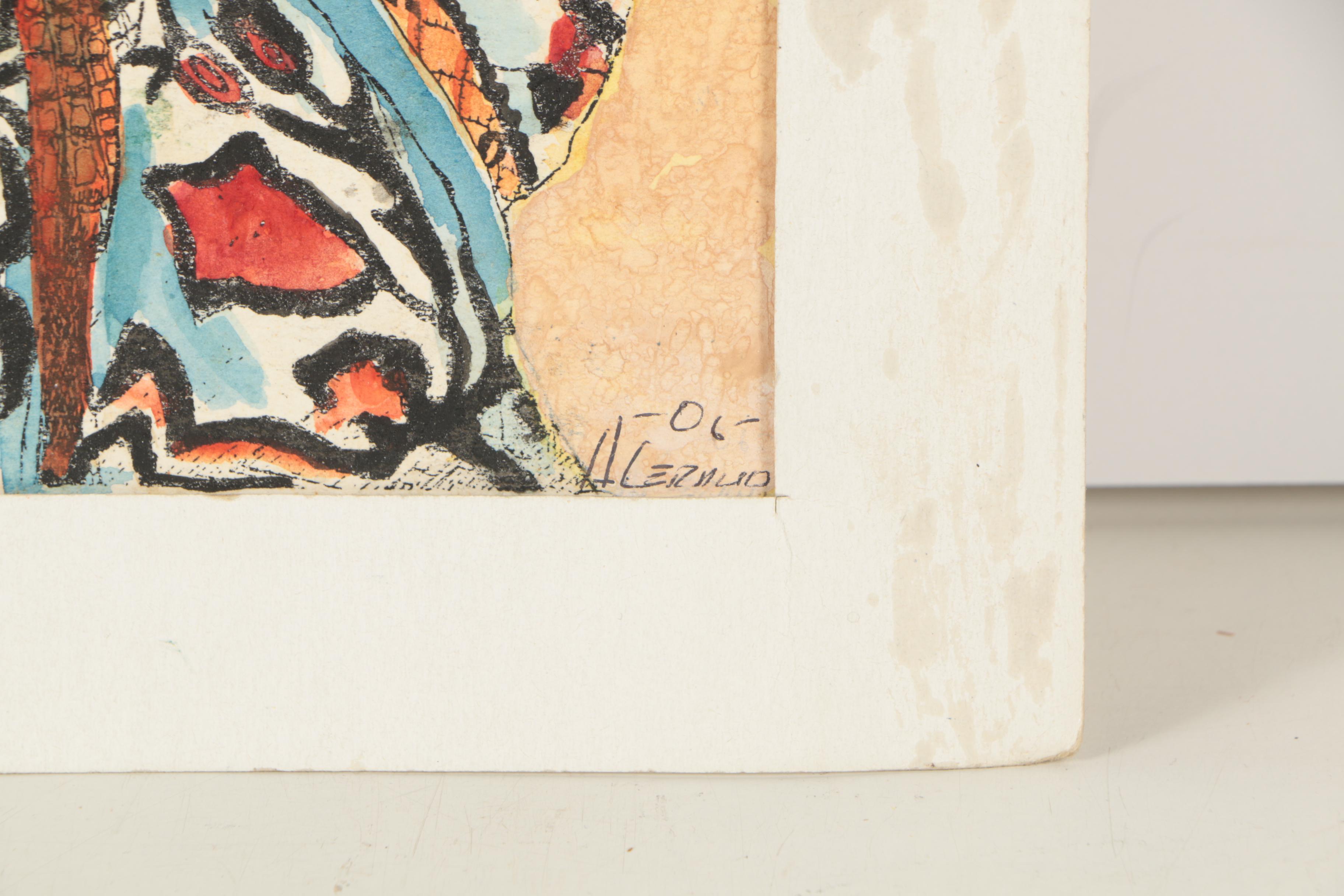 H. Cernuo Ink and Watercolor Painting of a Woman