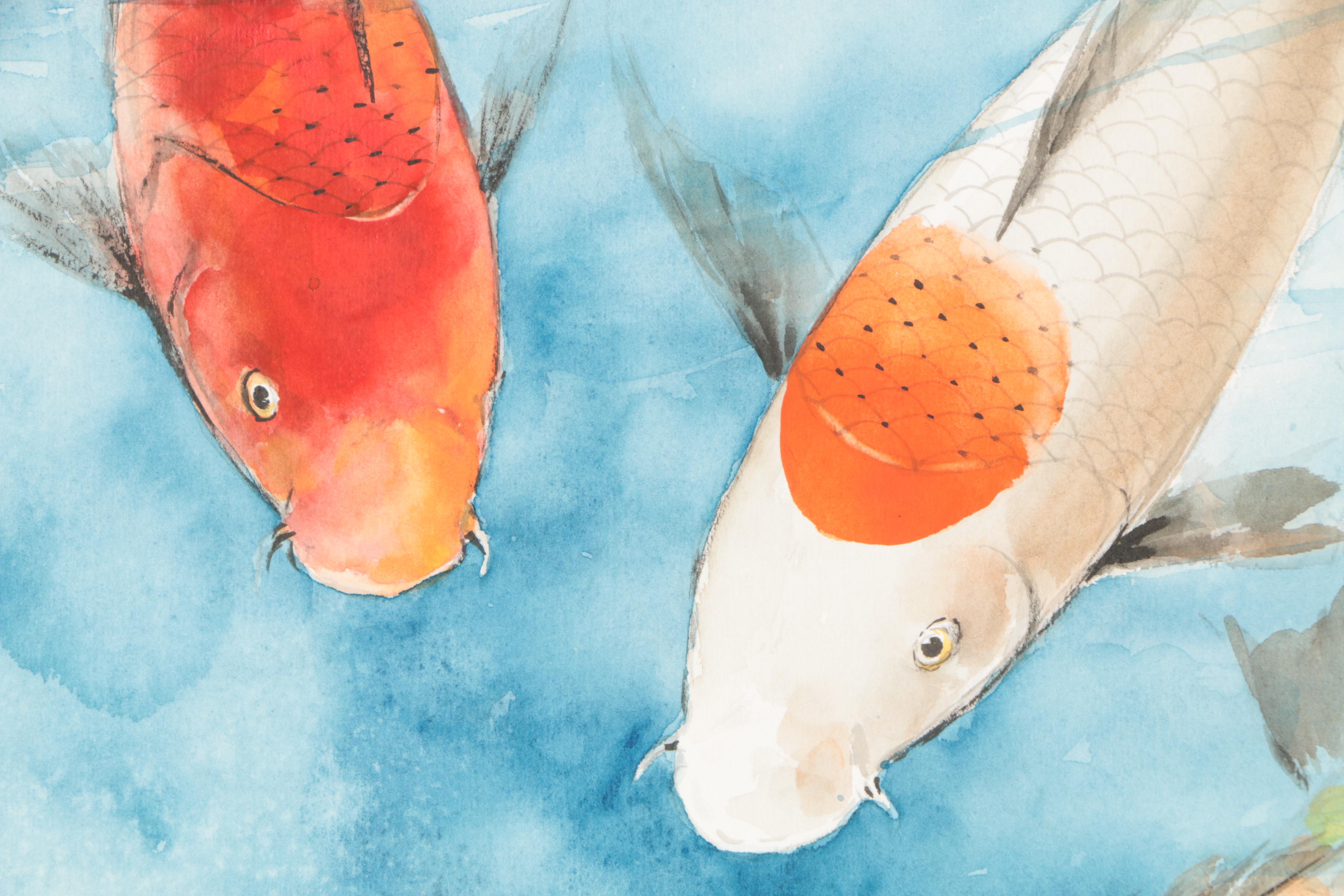 East Asian Watercolor Painting of Koi Fish