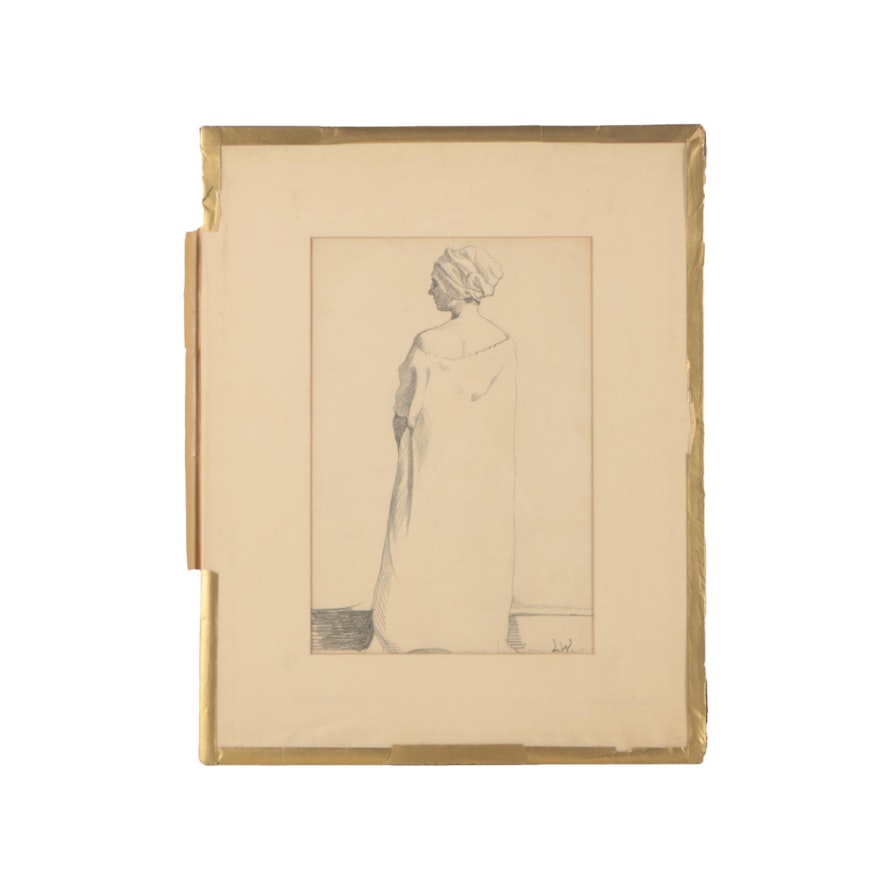 Louise Wheelwright Damon Mid Century Drawing of Female Figure "Pencil Drawing"