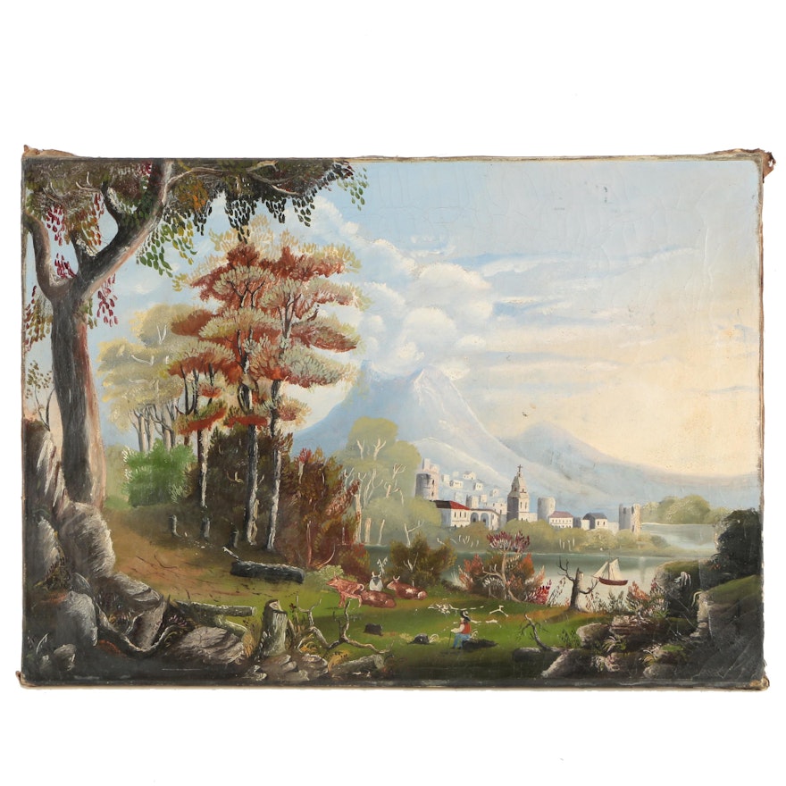 Antique Oil on Canvas Painting of a European Landscape