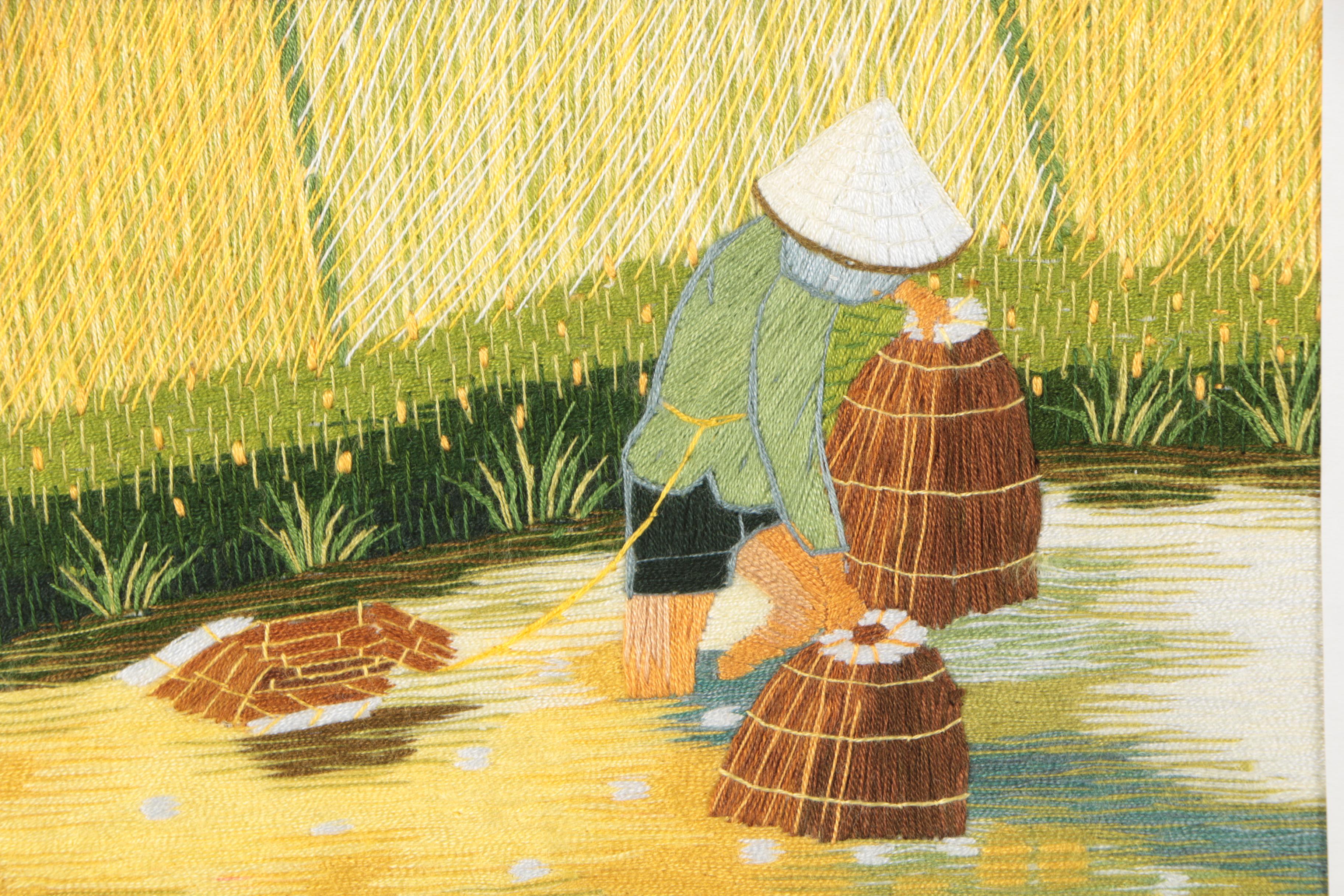 Embroidery of a Rice Paddy Fishing Scene