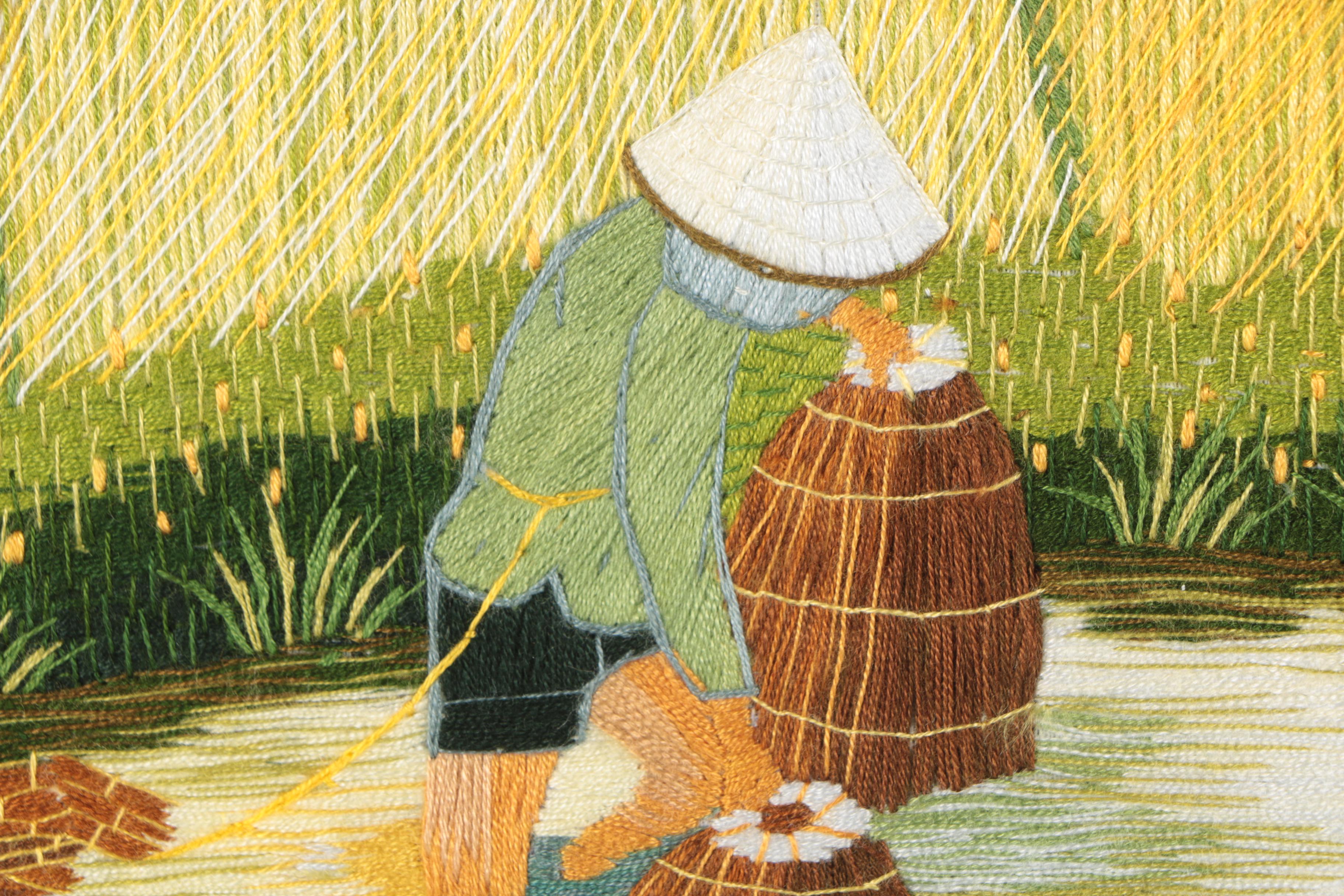 Embroidery of a Rice Paddy Fishing Scene