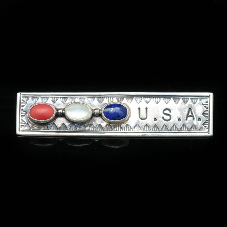 Sterling Silver and Multi-Gemstone "U.S.A." Bar Pin by Joe Delgarito