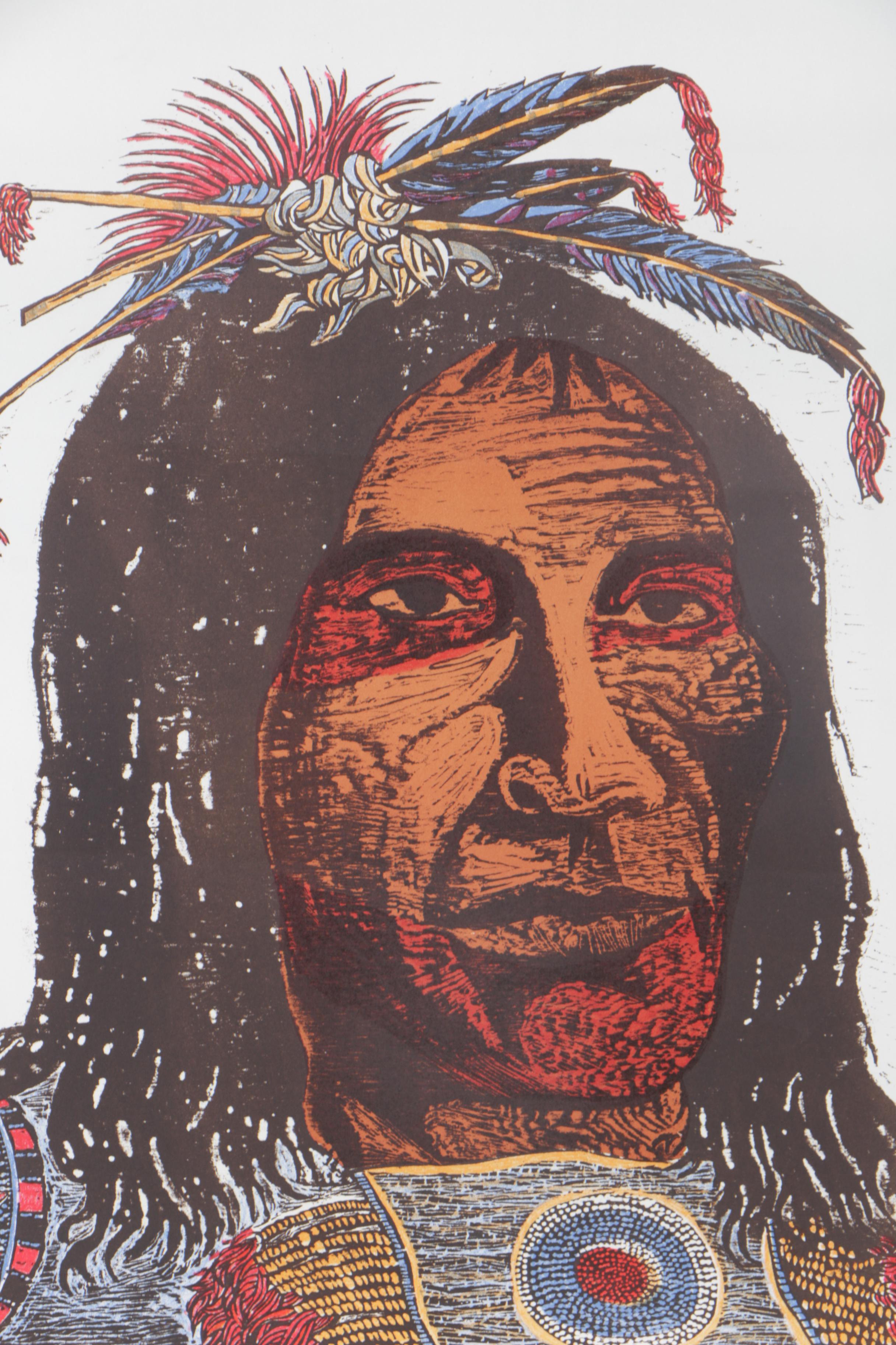 Antonio Frasconi Color Woodcut "Cree Chief"