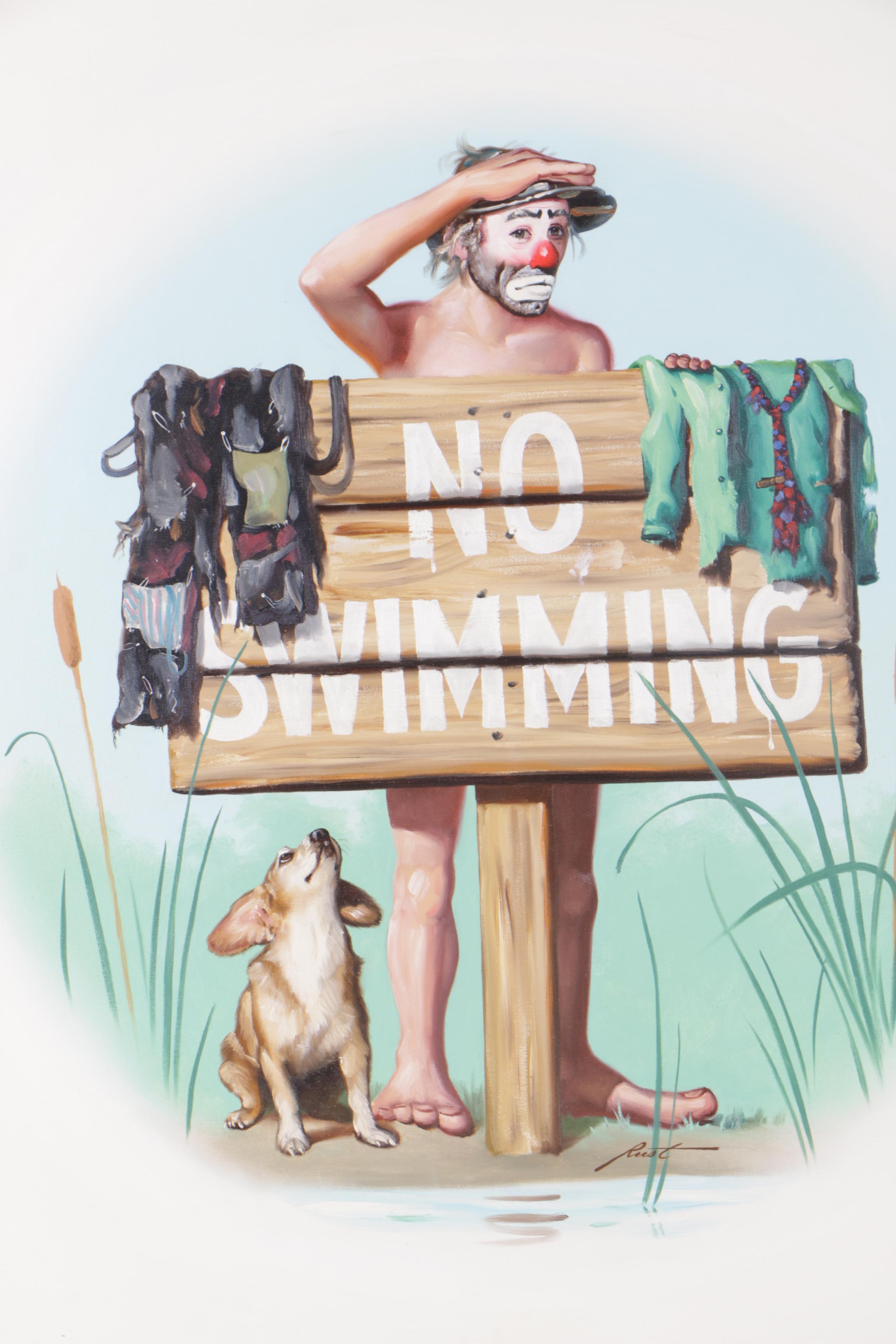 D.L. "Rusty" Rust Oil Painting of Clown "No Swimming"
