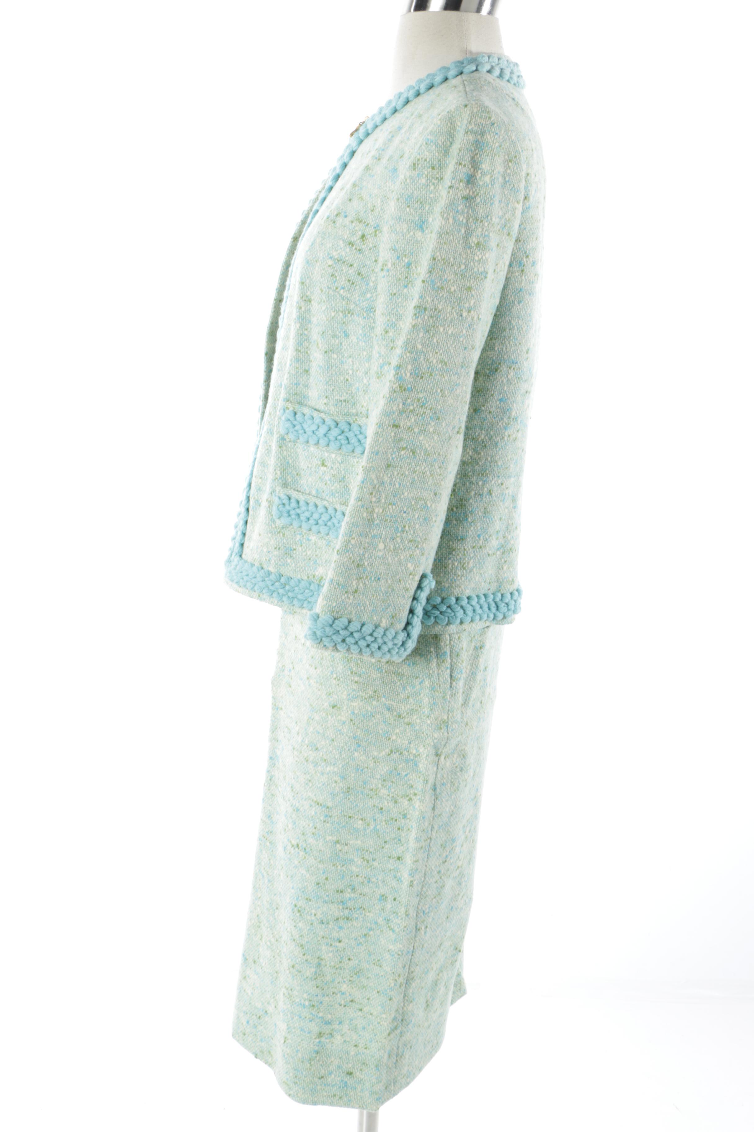 1960s Vintage Pendleton Green and Blue Wool Tweed Skirt Suit